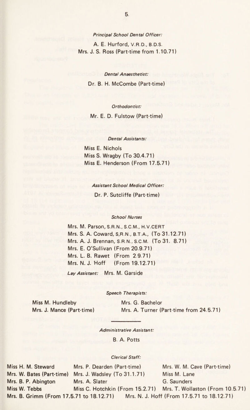 Principal School Dental Officer: A, E, Hurford, V.R.O, B D.S. Mrs. J. S. Ross (Part-time from 1,10.71) Den tal A naes the tis t: Dr. B, H. McCombe (Part-time) Orthodontist: Mr. E. D. Fulstow (Part-time) Dental Assistants: Miss E. Nichols Miss S. Wragby (To 30.4.71) Miss E. Henderson (From 17.5.71) Assistant School Medical Officer: Dr. P. Sutcliffe (Part-time) School Nurses Mrs. M. Parson, S.R.N., S C.M., H.V.CERT Mrs. S. A. Coward, S,R N , B.T.A., (To 31.12.71) Mrs. A. J. Brennan, S.R.N., S.C.M. (To 31. 8.71) Mrs. E. O'Sullivan (From 20.9.71) Mrs. L. B. Rawet (From 2 9.71) Mrs. N. J. Hoff (From 19.12.71) Lay Assistant: Mrs. M. Garside Speech Therapists: Miss M. Hundleby Mrs. G. Bachelor Mrs. J. Mance (Part-time) Mrs. A, Turner (Part-time from 24,5.71) Administrative Assistant: B A, Potts Clerical Staff: Miss H. M. Steward Mrs. P. Dearden (Part-time) Mrs. W. Bates (Part-time) Mrs. J. Wadsley (To 31.1.71) Mrs. B. P. Abington Mrs. A. Slater Miss W. Tebbs Miss C. Hotchkin (From 15.2.71) Mrs. W. M. Cave (Part-time) Miss M. Lane G. Saunders Mrs. T. Wollaston (From 10,5.71) Mrs. B. Grimm (From 17.5.71 to 18,12.71) Mrs. N. J. Hoff (From 17.5.71 to 18.12,71)