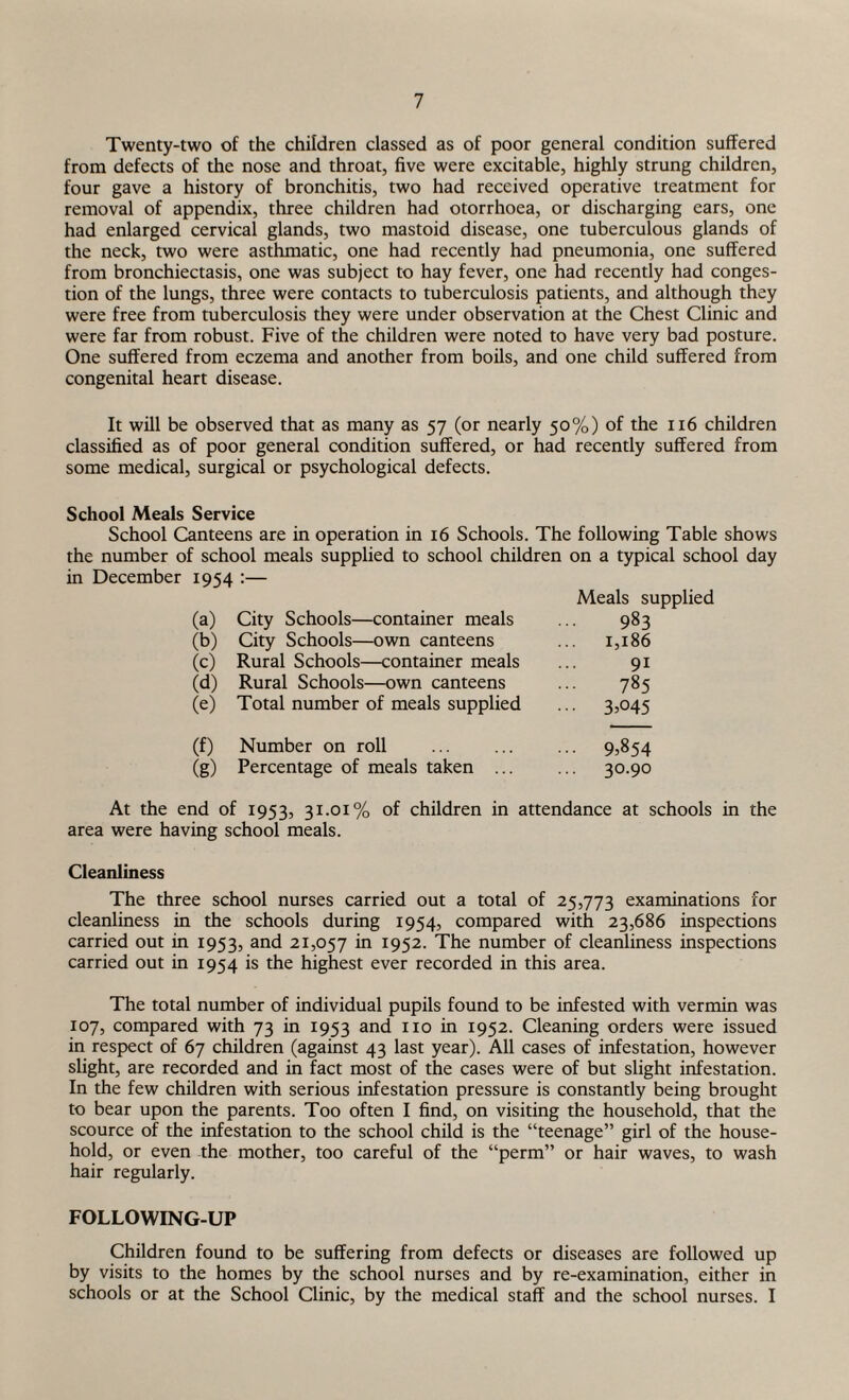 Twenty-two of the children classed as of poor general condition suffered from defects of the nose and throat, five were excitable, highly strung children, four gave a history of bronchitis, two had received operative treatment for removal of appendix, three children had otorrhoea, or discharging ears, one had enlarged cervical glands, two mastoid disease, one tuberculous glands of the neck, two were asthmatic, one had recently had pneumonia, one suffered from bronchiectasis, one was subject to hay fever, one had recently had conges¬ tion of the lungs, three were contacts to tuberculosis patients, and although they were free from tuberculosis they were under observation at the Chest Clinic and were far from robust. Five of the children were noted to have very bad posture. One suffered from eczema and another from boils, and one child suffered from congenital heart disease. It will be observed that as many as 57 (or nearly 50%) of the 116 children classified as of poor general condition suffered, or had recently suffered from some medical, surgical or psychological defects. School Meals Service School Canteens are in operation in 16 Schools. The following Table shows the number of school meals supplied to school children on a typical school day in December 1954 :— Meals supplied (a) City Schools—container meals ... 983 (b) City Schools—own canteens ... 1,186 (c) Rural Schools—container meals ... 91 (d) Rural Schools—own canteens ... 785 (e) Total number of meals supplied ... 3,045 (f) Number on roll . 9,854 (g) Percentage of meals taken ... ... 30.90 At the end of 1953, 31-01% of children in attendance at schools in the area were having school meals. Cleanliness The three school nurses carried out a total of 25,773 examinations for cleanliness in the schools during 1954, compared with 23,686 inspections carried out in 1953, and 21,057 in 1952. The number of cleanliness inspections carried out in 1954 is the highest ever recorded in this area. The total number of individual pupils found to be infested with vermin was 107, compared with 73 in 1953 and no in 1952. Cleaning orders were issued in respect of 67 children (against 43 last year). All cases of infestation, however slight, are recorded and in fact most of the cases were of but slight infestation. In the few children with serious infestation pressure is constantly being brought to bear upon the parents. Too often I find, on visiting the household, that the scource of the infestation to the school child is the “teenage” girl of the house¬ hold, or even the mother, too careful of the “perm” or hair waves, to wash hair regularly. FOLLOWING-UP Children found to be suffering from defects or diseases are followed up by visits to the homes by the school nurses and by re-examination, either in schools or at the School Clinic, by the medical staff and the school nurses. I