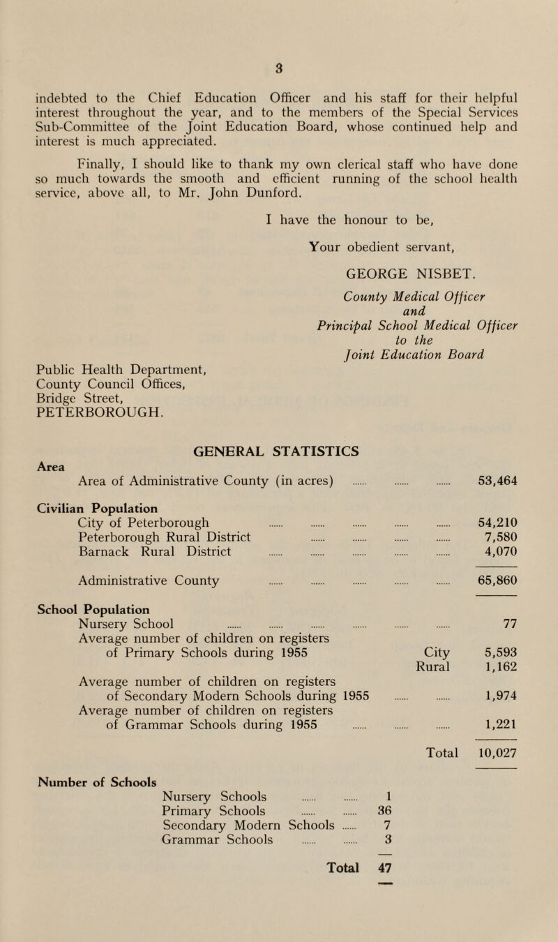 indebted to the Chief Education Officer and his staff for their helpful interest throughout the year, and to the members of the Special Services Sub-Committee of the Joint Education Board, whose continued help and interest is much appreciated. Finally, I should like to thank my own clerical staff who have done so much towards the smooth and efficient running of the school health service, above all, to Mr. John Dunford. I have the honour to be, Your obedient servant, GEORGE NISBET. County Medical Officer and Principal School Medical Officer to the Joint Education Board Public Health Department, County Council Offices, Bridge Street, PETERBOROUGH. GENERAL STATISTICS Area Area of Administrative County (in acres) . 53,464 Civilian Population City of Peterborough 54,210 Peterborough Rural District 7,580 Barnack Rural District . 4,070 Administrative County . 65,860 School Population Nursery School . 77 Average number of children on registers of Primary Schools during 1955 City 5,593 Rural 1,162 Average number of children on registers of Secondary Modern Schools during 1955 1,974 Average number of children on registers of Grammar Schools during 1955 1,221 Total 10,027 Number of Schools Nursery Schools . 1 Primary Schools . 36 Secondary Modern Schools . 7 Grammar Schools . 3