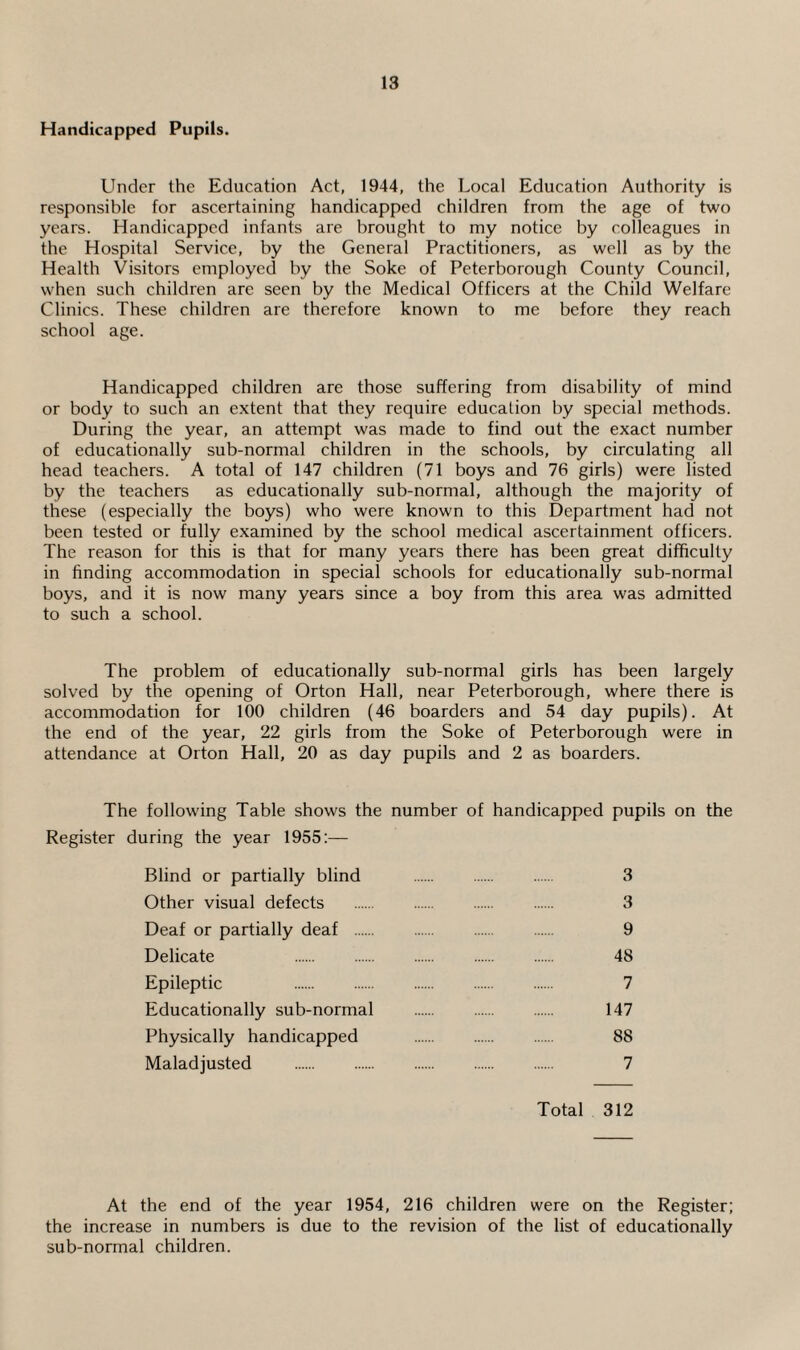 Handicapped Pupils. Under the Education Act, 1944, the Local Education Authority is responsible for ascertaining handicapped children from the age of two years. Handicapped infants are brought to my notice by colleagues in the Hospital Service, by the General Practitioners, as well as by the Health Visitors employed by the Soke of Peterborough County Council, when such children are seen by the Medical Officers at the Child Welfare Clinics. These children are therefore known to me before they reach school age. Handicapped children are those suffering from disability of mind or body to such an extent that they require education by special methods. During the year, an attempt was made to find out the exact number of educationally sub-normal children in the schools, by circulating all head teachers. A total of 147 children (71 boys and 76 girls) were listed by the teachers as educationally sub-normal, although the majority of these (especially the boys) who were known to this Department had not been tested or fully examined by the school medical ascertainment officers. The reason for this is that for many years there has been great difficulty in finding accommodation in special schools for educationally sub-normal boys, and it is now many years since a boy from this area was admitted to such a school. The problem of educationally sub-normal girls has been largely solved by the opening of Orton Hall, near Peterborough, where there is accommodation for 100 children (46 boarders and 54 day pupils). At the end of the year, 22 girls from the Soke of Peterborough were in attendance at Orton Hall, 20 as day pupils and 2 as boarders. The following Table shows the number of handicapped pupils on the Register during the year 1955:— Blind or partially blind . 3 Other visual defects . 3 Deaf or partially deaf . 9 Delicate 48 Epileptic 7 Educationally sub-normal . 147 Physically handicapped . 88 Maladjusted . 7 Total 312 At the end of the year 1954, 216 children were on the Register; the increase in numbers is due to the revision of the list of educationally sub-normal children.