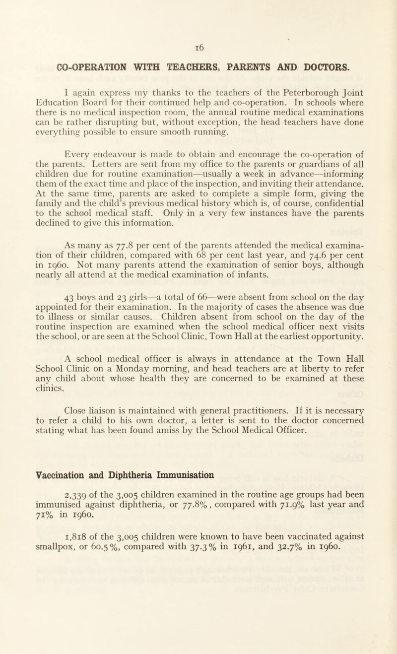 CO-OPERATION WITH TEACHERS, PARENTS AND DOCTORS. I again express my thanks to the teachers of the Peterborough Joint Education Board for their continued help and co-operation. In schools where there is no medical inspection room, the annual routine medical examinations can be rather disrupting but, without exception, the head teachers have done everything possible to ensure smooth running. Every endeavour is made to obtain and encourage the co-operation of the parents. Letters are sent from my office to the parents or guardians of all children due for routine examination—usually a week in advance—informing them of the exact time and place of the inspection, and inviting their attendance. At the same time, parents are asked to complete a simple form, giving the family and the child’s previous medical history which is, of course, confidential to the school medical staff. Only in a very few instances have the parents declined to give this information. As many as 77.8 per cent of the parents attended the medical examina¬ tion of their children, compared with 68 per cent last year, and 74.6 per cent in i960. Not many parents attend the examination of senior boys, although nearly all attend at the medical examination of infants. 43 boys and 23 girls—a total of 66—were absent from school on the day appointed for their examination. In the majority of cases the absence was due to illness or similar causes. Children absent from school on the day of the routine inspection are examined when the school medical officer next visits the school, or are seen at the School Clinic, Town Hall at the earliest opportunity. A school medical officer is always in attendance at the Town Hall School Clinic on a Monday morning, and head teachers are at liberty to refer any child about whose health they are concerned to be examined at these clinics. Close liaison is maintained with general practitioners. If it is necessary to refer a child to his own doctor, a letter is sent to the doctor concerned stating what has been found amiss by the School Medical Officer. Vaccination and Diphtheria Immunisation 2,339 °f the 3.°°5 children examined in the routine age groups had been immunised against diphtheria, or 77.8%, compared with 71.9% last year and 71% in i960. 1,818 of the 3,005 children were known to have been vaccinated against smallpox, or 60.5%, compared with 37.3% in 1961, and 32.7% in i960.