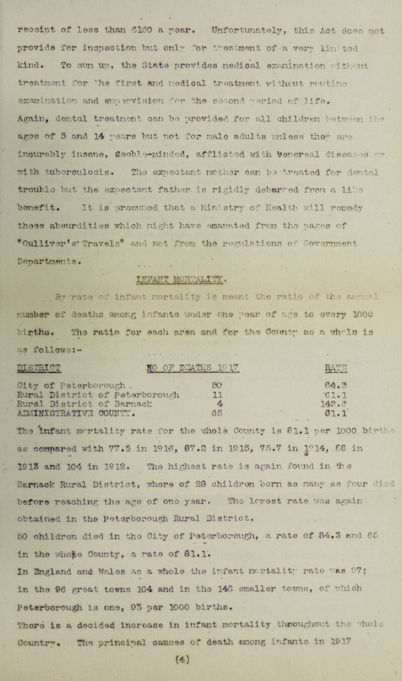 roooint of loss than 0100 a Oar. Unfortunately, thin Act ctoon not provide for inspection but only or treatment of a very lin tod kind. To nun up* the State provides nodical examination ith iit treatment for ‘•■he first and roodioal troatmont without routine examination and supervision or the s’ooond period of lifo. Again, dental troatnont can bo provided for all children between ages of 5 and 14 years but not for raalo adults unless they are incurably insane, fleoblo-mindod, afflicted with venereal diseases with tuboroulosis. The oxnectant nether can be treated for dental trouble but the expectant father is rigidly debarred fron a life bonefit. It ia pro mined that a Ministry of Health will romody those absurdities which night have emanated from the pages of Gulliver1s*Travels” and not from the regulations of Government Departments. 12!FAITT HCrfiAhlTT. By rate of infant mortality in meant the ratio of the annual number of deaths among infants Under one year of age to every 100Q births. The ratio for each area and for the County as a whole in % • as follows DISTRICT I[0 OF DPATHS IP 17 Oity of Peterborough Rural District of Peterborough Rural District of Barnacl: ADOilHI STRATIV3 COUNT?. 90 11 4 65 RATF 84.3 -ei. i 148. 0 81.1' The infant mortality rate for the whole County in 61.1 per 1000 births as compared with 77.5 in 1910, 87.2 in 1915, 75.7 in 1°14, 08 in 1913 and 104 in 19IS. The highest rate ia again found in ih e Earoaok Rural District, whore of 28 children born as many an four died before reaching the ago of ono year. Tho lowest rate was again obtained in tho Peterborough Rural District. 50 children died in tho Oity of Peterborough, a rate of 84.3 and 05 in the v/ho|jo County, a rate of 81.1. In Dngland and V/aloo as a whole the infant mortality rate ’ as 97; in the 96 groat towns 104 and in tho 148 smaller towns, of which Peterborough in one, 95 per 1000 births. Thoro is a decided incroace in infant mortality throughout the whole Countr-*'• The principal Cannes of death among infants in 1917