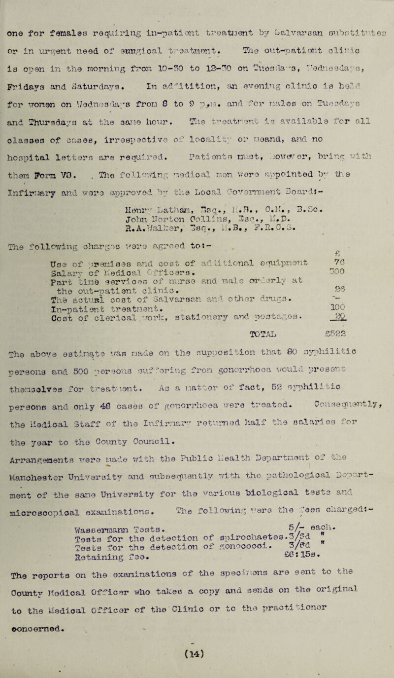 ono for females requiring in-patient treatment by Lalvarsan substitutes or in urgent need of smtgioal treatment. The out-patlent clinic *r is open in the morning from 10-50 to IS-50 on Tuesdays, Wednesdays, Fridayn and Saturdays. In adlitition, .an evening clinio is held for women on Wednesdays from Q to 9 p^m. and for males on Tuesdays and Thursdays at the same hour. The treatment is available for all classes of cases, irrespective of locality or moand, and no hospital letters are required. Patients must, . >.ovr&r or, bring with them Form VO. . The following medical men wore appointed by the Infirmary and wore approved by the Local f-overnraent Board*- Honry La than, ”sq., II. B., C.K., B.5c. John Horton Collins, Bsc., IU D. R.A. v/alher, T!sq., i• B * , F.Jl.o.L. The following charges were agreed to:- Use of premises and cost of additional equipment Salary of medical Officers. Part tine services of nurse and male orderly at the out-patient clinic. Thb actual cost of Salvarsan and other drugs. In-patient treatment. Cost of clerical work, stationery and postages. £ 76 500 £6 100 20 £522 TOTAL The above estimate ’./as made on the supposition that 80 syphilitic persons and 500 persons suffering from gonorrhoea would present themselves for treatment. As a matter of fact, 52 syphilitic persons and only 48 cases of gonorrhoea were treated. Consequently, the Medical Staff of the Infirmary returned half the salaries for the year to the County Council. Arrangements were made with the Public Health Department Oi one Manchester University and subsequently with, the pathological Dep.rt— ment of the same University for the various biological tests and microscopical examinations. The following ,rere the :Cees charged:- Wassermann Tost3. <-/“ eacli. Tests for the detection of spirochaetea.5/5d Tests for the detection of gonococci. 5/?d Retaining fee. £C:l5s. The reports on the examinations of the spec:'tens are sent to the County Medical Officer who takes a cony and sends on the original to the Medical Officer cf the Clinic or to the practitioner concerned.
