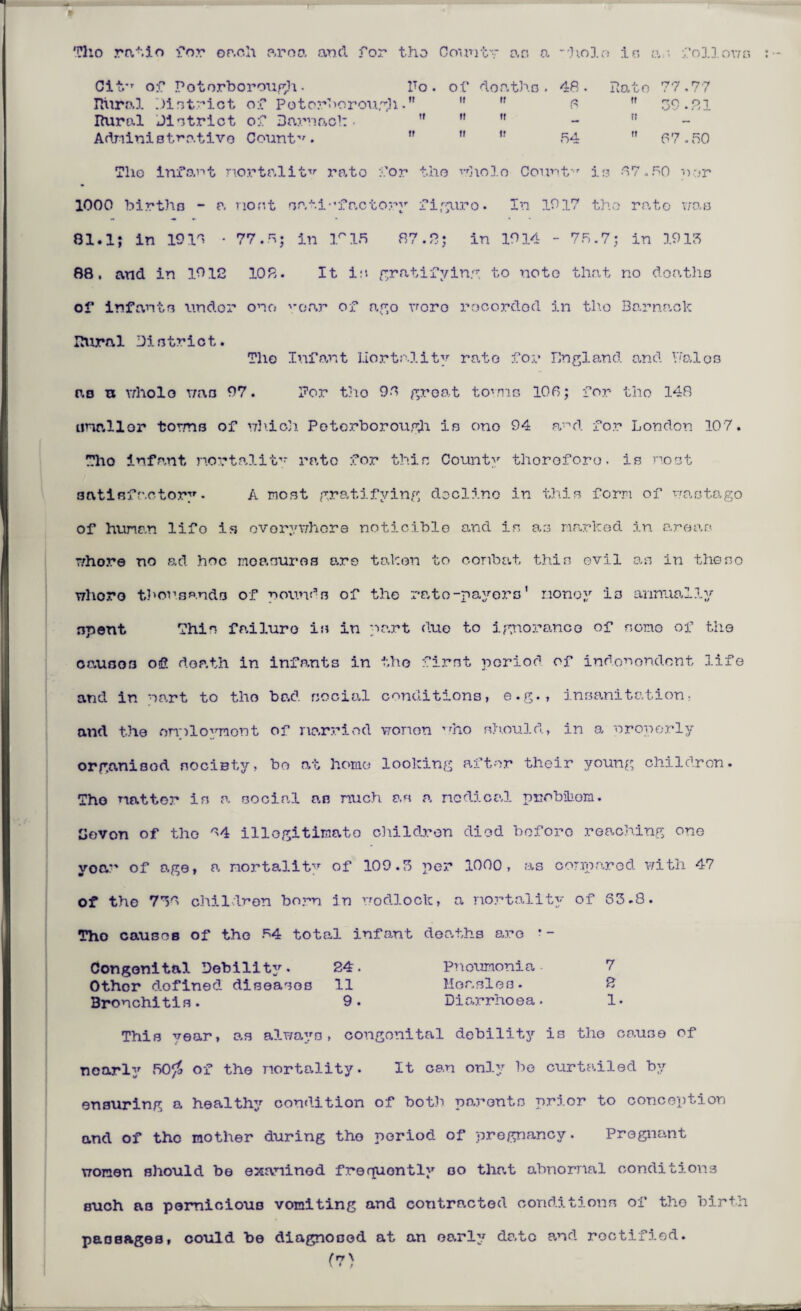 Tho ratio for each area and for tho County ar. a ”'holo in a ; follows Cit*r of Peterborough- ho Rural district of Poto?ftorou,^i Rural District of Barn, a cl: • Administrative Count-.  of deaths . 48 . R ate 77 ,77 tt it g tt 39 .21 ft tt — tt tt tt 54 tt 67 .50 vrj 10 1.0 COUnf‘r is r* r, •1 ! . 50 n or yiro. In 1917 tho ra to was in 1914 - 7 5.7; in 19 13 ing to note that no do a tils i roc ordod in tho Bar nac k Rural District. The Infant Liortality rate for England and. halos no a whole was 07. Per tho 96 great towns IOC; for tlio 148 timallor towns of which Peterborough is ono 94 a-nd. for London 107. Tho infant mortality rate for this County thorofo.ro. is nost satisfactory. A most gratifying decline in this form of waotago of human lifo is everywhere noticible and is as marked in areas whore no ad hoc measures are taken to combat this ovil as in theso whore thousands of wounds of the rate-payors’ money is annually spent This failure is in part due to ignorance of some of the causos of. death in infants in tho first period of indonondont life and in part to tho bad. social conditions, e.g., insanitation, and the omloyraont of married wonon who should, in a properly organised society, be at home looking after their young children. Tho matter is a social an much as a nodical probliom. [Jevon of tho ^4 illogitimato children died boforo reaching one voar of age, a mortality of 109.5 per 1000, as compared, with 47 of the 750 children bo?-n in wodlock, a mortality of 63.8. Tho causes of the 34 total infant deaths are ’- Congenital Debility. 24. Pneumonia• 7 Other dofined diseases 11 Measles. 2 Bronchitis. 9. Diarrhoea. 1- This vear, as always, congonital debility is tho cause of nearly 50$ of the mortality. It can only be curtailed by ensuring a healthy condition of both parents prior to conception and of the mother during tho period of pregnancy. Pregnant women should be examined frequently so that abnormal conditions such as pernicious vomiting and contracted conditions of tho birth passages, could be diagnosed at an early date and rectified. (rr\