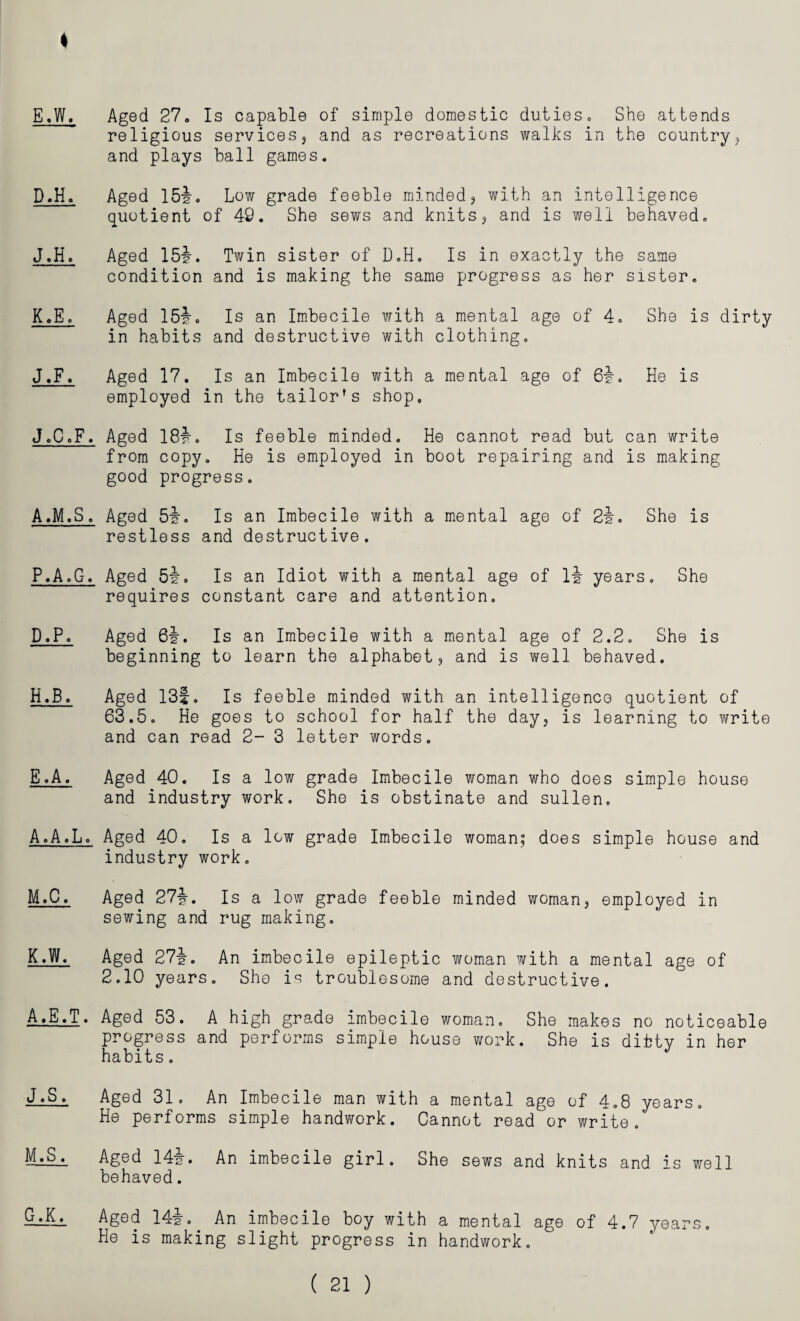 t E.W. Aged 27. Is capable of simple domestic duties. She attends religious services, and as recreations walks in the country, and plays ball games. D.H. Aged 15i. Low grade feeble minded, with an intelligence quotient of 49. She sews and knits, and is well behaved. J. H. Aged 15r. Twin sister of D.H. Is in exactly the same condition and is making the same progress as her sister. K. E. Aged 15j. Is an Imbecile with a mental age of 4. She is dirty in habits and destructive with clothing. J.F. Aged 17. Is an Imbecile with a mental age of 6i. He is employed in the tailor's shop, J. C.F. Aged 18w. Is feeble minded. He cannot read but can write from copy. He is employed in boot repairing and is making good progress. A.M.S. Aged 5i. Is an Imbecile with a mental age of 2i. She is restless and destructive. P.A.G-. Aged 5i-. Is an Idiot with a mental age of H years. She requires constant care and attention. D. P. Aged 6|. Is an Imbecile with a mental age of 2.2. She is beginning to learn the alphabet, and is well behaved. H.B. Aged 13|. Is feeble minded with an intelligence quotient of 63.5. He goes to school for half the day, is learning to write and can read 2- 3 letter words. E. A. Aged 40. Is a low grade Imbecile woman who does simple house and industry work. She is obstinate and sullen. A.A.L. Aged 40. Is a low grade Imbecile woman; does simple house and industry work. M.C. Aged 27Jr. Is a 1 ow grade feeble minded woman, employed in sewing and rug making. K. W. Aged 27|. An imbecile epileptic woman with a mental age of 2.10 years. She is troublesome and destructive. A._E.T. Aged 53. A high grade imbecile woman. She makes no noticeable progress and performs simple house work. She is dibtv in her habits. J°S» Aged 31. An Imbecile man with a mental age of 4.8 years. He performs simple handwork. Cannot read or write. MiS.. Aged 14-1. An imbecile girl. She sews and knits and is well behaved. IiLl Aged 14i.. An imbecile boy with a mental age of 4.7 years. He is making slight progress in handwork. ( 21 )