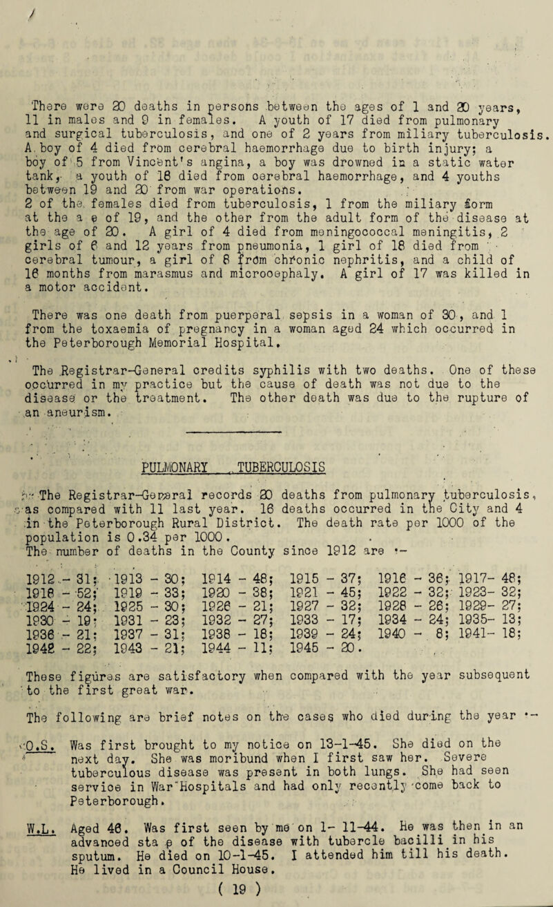 There were 20 deaths in persons .between the ages of 1 and 20 years, 11 in males and 9 in females. A youth of 17 died from pulmonary and surgical tuberculosis, and one of 2 years from miliary tuberculosis. A, boy of 4 died from cerebral haemorrhage due to birth injury; a boy of 5 from Vinc'ent's angina, a boy was drowned in a static water tank,- a youth of 18 died from cerebral haemorrhage, and 4 youths betwe-en 19 and 20 from war operations. 2 of the. females died from tuberculosis, 1 from the miliary form at the a e of 19, and the other from the adult form of the disease at the age of 20. A girl of 4 died from meningococcal meningitis, 2 girls of 6 and 12 years from pneumonia, 1 girl of 18 died from cerebral tumour, a girl of 8 from chronic nephritis, and a child of 16 months from marasmus and microcephaly, A girl of 17 was killed in a motor accident. There was one death from puerperal sepsis in a woman of 30 , and 1 from the toxaemia of pregnancy in a woman aged 24 which occurred in the Peterborough Memorial Hospital, The .Registrar-General credits syphilis with two deaths. One of these occurred in my practice but the cause of death was not due to the disease or the treatment. The other death was due to the rupture of an aneurism. PULMONARY .. TUBERCULOSIS b The Registrar-General records 30 deaths from pulmonary tuberculosis, cas compared with 11 last year. 16 deaths occurred in the City and 4 in the Peterborough Rural District. The death rate per 1000 of the population is 0.34 per 1000. The number of deaths in the County since 1912 are •- 1912 31;- •1913 - 30; 1914 - 48; 1918 - 52;' 1919 - 33; 1920 - 38; 1924 -24;, 1925 - 30; 1926 - 21; 1930 - 19; 1931 - 23; 1932 - 27; 1936 - 21; 1937 - 31; 1938 - 18; 1942 - 22; 1943 - 21; 1944 - ii; 1915 - 37; 1916 - 36$. 1917- 48; 1921 - 45; 1922 - 32;- 1923- 32; 1927 - 32; 1928 - 26; 1929- 27; 1933 - 17; 1934 - 24; 1935- 13; 1939 - 24; 1940 - 8; 1941- 18; 1945 - 20. These figures are satisfactory when compared with the year subsequent 'to the first great war. The following are brief notes on the cases who died during the year ♦ rO,S. Was first brought to my notice on 13-1-45. She died on the * next day. She was moribund when I first saw her. Severe tuberculous disease was present in both lungs. She had seen service in WarHospitals and had only recently 'come back to Peterborough. W.L. Aged 40, Was first seen by me on 1- 11-44. He was then.in an advanced sta p of the disease with tubercle bacilli in his sputum. He died on 10-1-45. I attended him till his death. He lived in a Council House.
