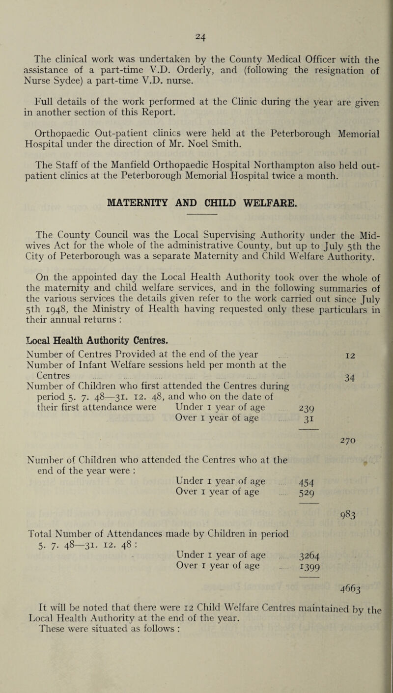 The clinical work was undertaken by the County Medical Officer with the assistance of a part-time V.D. Orderly, and (following the resignation of Nurse Sydee) a part-time V.D. nurse. Full details of the work performed at the Clinic during the year are given in another section of this Report. Orthopaedic Out-patient clinics were held at the Peterborough Memorial Hospital under the direction of Mr. Noel Smith. The Staff of the Manfield Orthopaedic Hospital Northampton also held out¬ patient clinics at the Peterborough Memorial Hospital twice a month. MATERNITY AND CHILD WELFARE. The County Council was the Local Supervising Authority under the Mid¬ wives Act for the whole of the administrative County, but up to July 5th the City of Peterborough was a separate Maternity and Child Welfare Authority. On the appointed day the Local Health Authority took over the whole of the maternity and child welfare services, and in the following summaries of the various services the details given refer to the work, carried out since July 5th 1948, the Ministry of Health having requested only these particulars in their annual returns : Local Health Authority Centres. Number of Centres Provided at the end of the year 12 Number of Infant Welfare sessions held per month at the Centres ... 34 Number of Children who first attended the Centres during period 5. 7. 48—31. 12. 48, and who on the date of their first attendance were Under 1 year of age 239 Over 1 year of age 31 270 Number of Children who attended the Centres who at the end of the year were : Under 1 year of age 454 Over 1 year of age 529 983 Total Number of Attendances made by Children in period 5. 7. 48—31. 12. 48 : Under 1 year of age 3264 Over 1 year of age 1399 4663 It will be noted that there were 12 Child Welfare Centres maintained by the Local Health Authority at the end of the year. These were situated as follows :