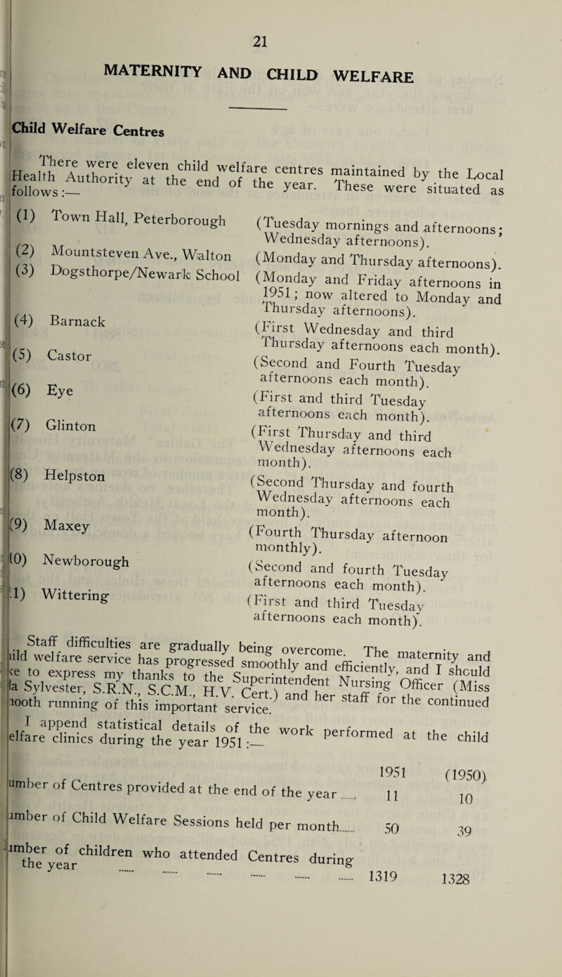 MATERNITY AND CHILD WELFARE Child Welfare Centres m w .TP? Tere eIeven child welfare centres follows AUth°nty at the 6nd °f the year' maintained by the Local These were situated as (1) Town Hall, Peterborough (2) Mountsteven Ave., Walton (3) Dogsthorpe/Newark School (4) Barnack (5) Castor (6) Eye (7) Glinton (8) Helpston (9) Maxey 10) Newborough -1) Wittering (Tuesday mornings and afternoons; Wednesday afternoons). (Monday and Thursday afternoons). (Monday and Friday afternoons in /ta, M > now altered to Monday and Thursday afternoons). (Iarst Wednesday and third J hursday afternoons each month). (Second and Fourth Tuesday afternoons each month). (First and third Tuesday afternoons each month). (First Thursday and third A ednesday afternoons each month). (Second Thursday and fourth Wednesday afternoons each month). (Fourth Thursday afternoon monthly). (Second and fourth Tuesday afternoons each month). (First and third Tuesday afternoons each month). 'i'd welfare servicl £ S^d M LesLeXe,SSRyNthaSCM HVSSrtrrnHdeF Officer (Mi s ,ootyh running of this imSant!erv?ce } ^ ^ *** «^n«ed |eIfareaPdienks duringlhe^SwSlW°rk performed at the child umber of Centres provided at the end of the year umber of Child Welfare Sessions held per month •umber of children who the year attended Centres during 1951 (1950) 11 10 50 39 1319 1328