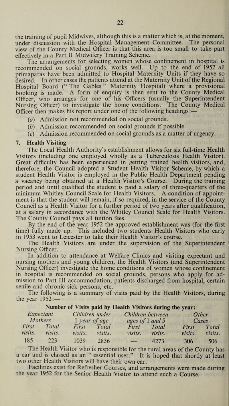 the training of pupil Midwives, although this is a matter which is, at the moment, under discussion with the Hospital Management Committee. The personal view of the County Medical Officer is that this area is too small to take part effectively in a Part II Midwifery Training Scheme. The arrangements for selecting women whose confinement in hospital is recommended on social grounds, works well. Up to the end of 1952 all primaparas have been admitted to Hospital Maternity Units if they have so desired. In other cases the patients attend at the Maternity Unit of the Regional Hospital Board (“ The Gables ” Maternity Hospital) where a provisional booking is made. A form of enquiry is then sent to the County Medical Officer, who arranges for one of his Officers (usually the Superintendent Nursing Officer) to investigate the home conditions. The County Medical Officer then makes his report under one of the following headings:— (a) Admission not recommended on social grounds. (b) Admission recommended on social grounds if possible. (c) Admission recommended on social grounds as a matter of urgency. 7. Health Visiting The Local Health Authority’s establishment allows for six full-time Health Visitors (including one employed wholly as a Tuberculosis Health Visitor). Great difficulty has been experienced in getting trained health visitors, and, therefore, the Council adopted a Student Health Visitor Scheme, by which a student Health Visitor is employed in the Public Health Department pending a vacancy being obtained at a Health Visitor’s Course. During the training period and until qualified the student is paid a salary of three-quarters of the minimum Whitley Council Scale for Health Visitors. A condition of appoint¬ ment is that the student will remain, if so required, in the service of the County Council as a Health Visitor for a further period of two years after qualification, at a salary in accordance with the Whitley Council Scale for Health Visitors. The County Council pays all tuition fees. By the end of the year 1952 the approved establishment was (for the first time) fully made up. This included two students Health Visitors who early in 1953 went to Leicester to take their Health Visitor’s course. The Health Visitors are under the supervision of the Superintendent Nursing Officer. In addition to attendance at Welfare Clinics and visiting expectant and nursing mothers and young children, the Health Visitors (and Superintendent Nursing Officer) investigate the home conditions of women whose confinement in hospital is recommended on social grounds, persons who apply for ad¬ mission to Part III accommodation, patients discharged from hospital, certain senile and chronic sick persons, etc. The following is a summary of visits paid by the Health Visitors, during the year 1952:— Number of Visits paid by Health Visitors during the year: Expectant Children under Children between Other Mothers 1 year of age ages of 1 and 5 Cases First Total First Total First Total First Total visits. visits. visits. visits. visits. visits. visits. visits. 185 223 1039 2836 — 4273 306 506 The Health Visitor who is responsible for the rural areas of the County has a car and is classed as an “ essential user.” It is hoped that shortly at least two other Health Visitors will have their own car. Facilities exist for Refresher Courses, and arrangements were made during the year 1952 for the Senior Health Visitor to attend such a Course.