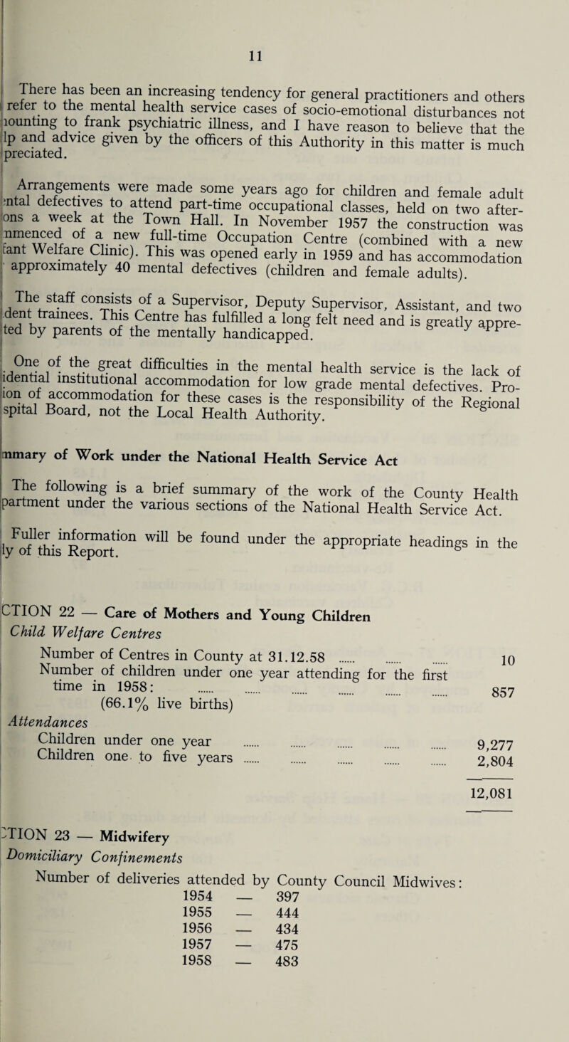 There has been an increasing tendency for general practitioners and others refer to the mental health service cases of socio-emotional disturbances not lounting to frank psychiatric illness, and I have reason to believe that the lp and advice given by the officers of this Authority in this matter is much predated. Arrangements were made some years ago for children and female adult >ntal defectives to attend part-time occupational classes, held on two after- ons a week at the Town Hall. In November 1957 the construction was °f ^rnT^un_time 0ccuPation Centre (combined with a new rant Welfare Clinic). This was opened early in 1959 and has accommodation approximately 40 mental defectives (children and female adults). “tS,°f a SuPervisor' Deputy Supervisor, Assistant, and two dent tramee3 This Centre has fulfilled a long felt need and is greatly appre- ted by parents of the mentally handicapped. One of the great difficulties in the mental health service is the lack of idential institutional accommodation for low grade mental defectives Pro- ion of accornmodation for these cases is the responsibility of the Regional spital Board, not the Local Health Authority. regional nmary of Work under the National Health Service Act I T{le f°lk)Wing is a brief summary of the work of the County Health partment under the various sections of the National Health Service Act. ly^of1 thisnReport10n ^ ^ f°Und Under the aPProPriate headings in the c^TION 22 Care of Mothers and Young Children Child Welfare Centres Number of Centres in County at 31.12.58 Number of children under one year attending for the first time in 1958: . (66.1% live births) Attendances Children under one year . Children one to five years . 10 857 9,277 2,804 12,081 -TION 23 — Midwifery Domiciliary Confinements Number of deliveries attended by County Council Midwives: 1954 — 397 1955 — 444 1956 — 434 1957 — 475 1958 — 483