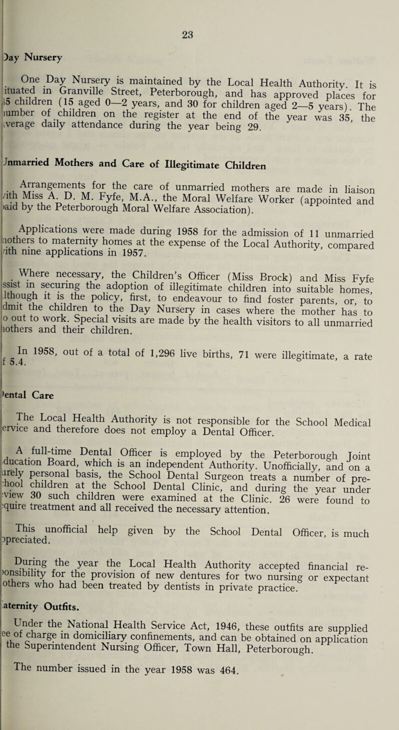 )ay Nursery One Day Nursery is maintained by the Local Health Authority. It is lituated in Granville Street, Peterborough, and has approved places for 15 children (15 aged 0—2 years, and 30 for children aged 2—5 years). The lumber of children on the register at the end of the year was 35 the verage daily attendance during the year being 29. Jnmarried Mothers and Care of Illegitimate Children ^rangAem^nts for the care of unmarried mothers are made in liaison Fyfe» M.A., the Moral Welfare Worker (appointed and >aid by the Peterborough Moral Welfare Association). Applications were made during 1958 for the admission of 11 unmarried ^hers maternity homes at the expense of the Local Authority, compared nth nine applications in 1957. Where necessary, the Children’s Officer (Miss Brock) and Miss Fyfe ssist m securing the adoption of illegitimate children into suitable homes, ithough it is the policy, first, to endeavour to find foster parents, or, to dmit the children to the Day Nursery in cases where the mother has to o out to work Special visits are made by the health visitors to all unmarried lothers and their children. In 1958, out of a total of 1,296 live births, 71 were illegitimate, a rate Cental Care The Local Health Authority is not responsible for the School Medical ervice and therefore does not employ a Dental Officer. A full-time Dental Officer is employed by the Peterborough Joint ducation Board, which is an independent Authority. Unofficially, and on a iirely personal basis, the School Dental Surgeon treats a number of pre- ool children at the School Dental Clinic, and during the year under vie.w 30 such children were examined at the Clinic. 26 were found to -quire treatment and all received the necessary attention. This unofficial help given by the School Dental Officer, is much ^predated. During the year the Local Health Authority accepted financial re- Jonsibihty for the provision of new dentures for two nursing or expectant others who had been treated by dentists in private practice. atemity Outfits. Under the National. Health Service Act, 1946, these outfits are supplied ee ot charge in domiciliary confinements, and can be obtained on application the Superintendent Nursing Officer, Town Hall, Peterborough. The number issued in the year 1958 was 464.