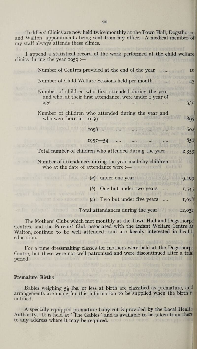 Toddlers’ Clinics are now held twice monthly at the Town Hall, Dogsthorpe and Walton, appointments being sent from my office. A medical member of my staff always attends these clinics. I append a statistical record of the work performed at the child welfare clinics during the year 1959 :— Number of Centres provided at the end of the year .... 10 Number of Child Welfare Sessions held per month .... 43 Number of children who first attended during the year and who, at their first attendance, were under 1 year of age. 930 Number of children who attended during the year and who were born in 1959. 895 1958 .... .... .... .... . 602 1957—54 . 85b Total number of children who attended during the yaer 2,353 Number of attendances during the year made by children who at the date of attendance were :— (a) under one year . 9409 (b) One but under two years .... 1,545! (c) Two but under five years .... 1,078' 1 Total attendances during the year 12,032 The Mothers’ Clubs which met monthly at the Town Hall and Dogsthorpe Centres, and the Parents’ Club associated with the Infant Welfare Centre at Walton, continue to be well attended, and are keenly interested in health education. For a time dressmaking classes for mothers were held at the Dogsthorpe Centre, but these were not well patronised and were discontinued after a trial period. Premature Births Babies weighing 5J lbs. or less at birth are classified as premature, and arrangements are made for this information to be supplied when the birth is notified. A specially equipped premature baby cot is provided by the Local Health Authority. It is held at ‘ The Gables ’ and is available to be taken from there to any address where it may be required.