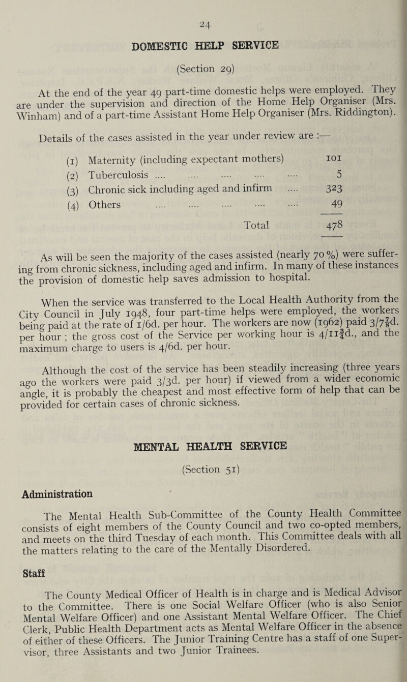 DOMESTIC HELP SERVICE (Section 29) At the end of the year 49 part-time domestic helps were employed. They are under the supervision and direction of the Home Help Organiser (Mrs. Winham) and of a part-time Assistant Home Help Organiser (Mrs. Riddington). Details of the cases assisted in the year under review are :— (1) Maternity (including expectant mothers) 101 (2) Tuberculosis. . 5 (3) Chronic sick including aged and infirm .... 323 (4) Others . ■••• •••• 49 V - Total 478 As will be seen the majority of the cases assisted (nearly 70 %) were suffer¬ ing from chronic sickness, including aged and infirm. In many of these instances the provision of domestic help saves admission to hospital. When the service was transferred to the Local Health Authority from the City Council in July 194^* four part-time helps were employed, the workers being paid at the rate of i/6d. per hour. The workers are now (1962) paid 3/7ld- per hour ; the gross cost of the Service per working hour is 4/nfd., and the maximum charge to users is 4/6d. per hour. Although the cost of the service has been steadily increasing (three years ago the workers were paid 3/3^* Per hour) if viewed from a wider economic angle, it is probably the cheapest and most effective form of help that can be provided for certain cases of chronic sickness. MENTAL HEALTH SERVICE (Section 51) Administration The Mental Health Sub-Committee of the County Health Committee consists of eight members of the County Council and two co-opted members, and meets on the third Tuesday of each month. This Committee deals with all the matters relating to the care of the Mentally Disordered. Staff The County Medical Officer of Health is in charge and is Medical Advisor to the Committee. There is one Social Welfare Officer (who is also Senior Mental Welfare Officer) and one Assistant Mental Welfare Officer. The Chief Clerk, Public Health Department acts as Mental Welfare Officer in the absence of either of these Officers. The Junior Training Centre has a staff of one Super¬ visor, three Assistants and two Junior Trainees.