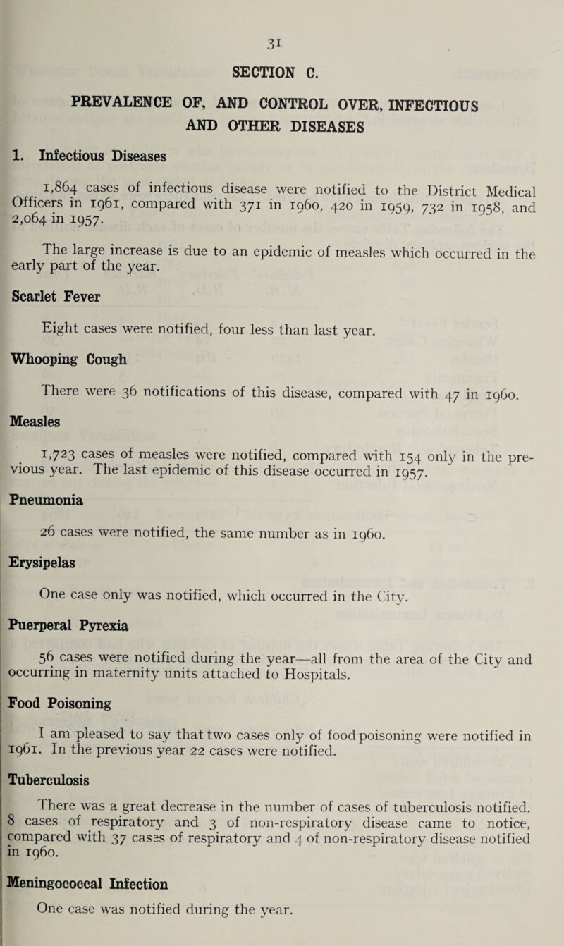 SECTION C. PREVALENCE OF, AND CONTROL OVER, INFECTIOUS AND OTHER DISEASES 1. Infectious Diseases 1,864 cases of infectious disease were notified to the District Medical Officers in 1961, compared with 371 in i960, 420 in 1959, 732 in 1958 and 2,064 in 1957. The large increase is due to an epidemic of measles which occurred in the early part of the year. Scarlet Fever Eight cases were notified, four less than last year. Whooping Cough There were 36 notifications of this disease, compared with 47 in i960. Measles 1,723 cases of measles were notified, compared with 154 only in the pre¬ vious year. The last epidemic of this disease occurred in 1957. Pneumonia 26 cases were notified, the same number as in i960. Erysipelas One case only was notified, which occurred in the City. Puerperal Pyrexia 56 cases were notified during the year—all from the area of the City and occurring in maternity units attached to Hospitals. Food Poisoning I am pleased to say that two cases only of food poisoning were notified in 1961. In the previous year 22 cases were notified. Tuberculosis There was a great decrease in the number of cases of tuberculosis notified. 8 cases of respiratory and 3 of non-respiratory disease came to notice, compared with 37 cases of respiratory and 4 of non-respiratory disease notified in i960. Meningococcal Infection One case was notified during the year.