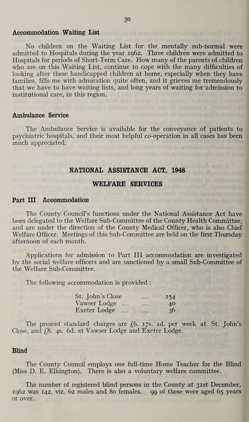 Accommodation Waiting List No children on the Waiting List for the mentally sub-normal were admitted to Hospitals during the year 1962. Three children were admitted to Hospitals for periods of Short-Term Care. How many of the parents of children who are on this Waiting List, continue to cope with the many difficulties of looking after these handicapped children at home, especially when they have families, fills me with admiration quite often, and it grieves me tremendously that we have to have waiting lists, and long years of waiting for admission to institutional care, in this region. Ambulance Service The Ambulance Service is available for the conveyance of patients to psychiatric hospitals, and their most helpful co-operation in all cases has been much appreciated. NATIONAL ASSISTANCE ACT, 1948 WELFARE SERVICES Part III Accommodation The County Council’s functions under the National Assistance Act have been delegated to the Welfare Sub-Committee of the County Health Committee, and are under the direction of the County Medical Officer, who is also Chief Welfare Officer. Meetings of this Sub-Committee are held on the first Thursday afternoon of each month. Applications for admission to Part III accommodation are investigated by the social welfare officers and are sanctioned by a small Sub-Committee of the Welfare Sub-Committee. The following accommodation is provided : St. John’s Close .... 154 Vawser Lodge . 40 Exeter Lodge . 36 The present standard charges are £6. 17s. id. per week at St. John's Close, and £8. 4s. 6d. at Vawser Lodge and Exeter Lodge. Blind The County Council employs one full-time Home Teacher for the Blind (Miss D. E. Elkington). There is also a voluntary welfare committee. The number of registered blind persons in the County at 31st December, 1962 was 142, viz. 62 males and 80 females. 99 of these were aged 65 years or over.