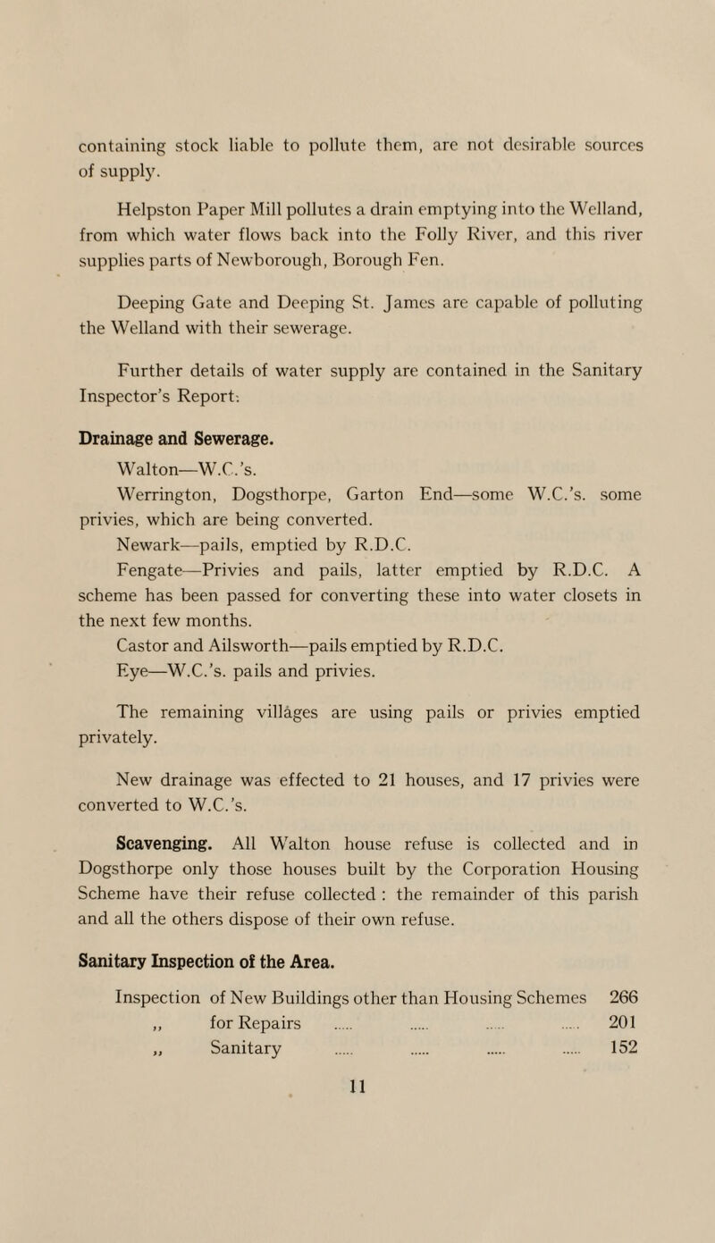 containing stock liable to pollute them, are not desirable sources of supply. Helpston Paper Mill pollutes a drain emptying into the Welland, from which water flows back into the Folly River, and this river supplies parts of Newborough, Borough Fen. Deeping Gate and Deeping St. James are capable of polluting the Welland with their sewerage. Further details of water supply are contained in the Sanitary Inspector’s Report-. Drainage and Sewerage. Walton—W.C.’s. Werrington, Dogsthorpe, Garton End—some W.C.’s, some privies, which are being converted. Newark—pails, emptied by R.D.C. Fengate—Privies and pails, latter emptied by R.D.C. A scheme has been passed for converting these into water closets in the next few months. Castor and Ailsworth—pails emptied by R.D.C. Eye—W.C.’s, pails and privies. The remaining villages are using pails or privies emptied privately. New drainage was effected to 21 houses, and 17 privies were converted to W.C.’s. Scavenging. All Walton house refuse is collected and in Dogsthorpe only those houses built by the Corporation Housing Scheme have their refuse collected : the remainder of this parish and all the others dispose of their own refuse. Sanitary Inspection of the Area. Inspection of New Buildings other than Housing Schemes 266 for Repairs . . ..... ... 201 Sanitary . . . . 152