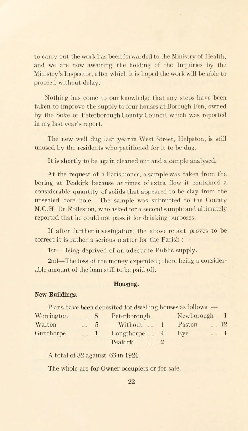 to carry out the work has been forwarded to the Ministry of Health, and we are now awaiting the holding of the Inquiries by the Ministry’s Inspector, after which it is hoped the work will be able to proceed without delay. Nothing has come to our knowledge that any steps have been taken to improve the supply to four houses at Borough Fen, owned by the Soke of Peterborough County Council, which was reported in my last year’s report. The new well dug last year in West Street, Helpston, is still unused by the residents who petitioned for it to be dug. It is shortly to be again cleaned out and a sample analysed. At the request of a Parishioner, a sample was taken from the boring at Peakirk because at times of extra flow it contained a considerable quantity of solids that appeared to be clay from the unsealed bore hole. The sample was submitted to the County M.O.H. Dr.Rolleston, who asked for a second sample and ultimately reported that he could not pass it for drinking purposes. If after further investigation, the above report proves to be correct it is rather a serious matter for the Parish :— 1st—Being deprived of an adequate Public supply. 2nd—The loss of the money expended ; there being a consider¬ able amount of the loan still to be paid off. Housing. New Buildings. Plans have been deposited for dwelling houses as follows Werrington 5 Peterborough Newborough Walton 5 Without . 1 Paston Gunthorpe 1 Longthorpe . 4 Eye Peakirk 2 A total of 32 against 63 in 1924. The whole are for Owner occupiers or for sale.