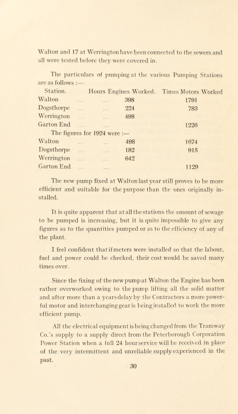 Walton and 17 at Worrington have been connected to the sewers and all were tested before they were covered in. The particulars of pumping at the various Pumping Stations are as follows :— Station. Hours Engines Worked. Times Motors Worked Walton . 398 1791 Dogsthorpe 224 783 Werrington .. 498 Garton End ..... 1226 The figures for 1924 were :— Walton ... 498 1674 Dogsthorpe 182 915 Werrington 642 Garton End . 1129 The new pump fixed at Walton last year still proves to be more efficient and suitable for the purpose than the ones originally in¬ stalled. It is quite apparent that at all the stations the amount of sewrage to be pumped is increasing, but it is quite impossible to give any figures as to the quantities pumped or as to the efficiency of any of the plant. I feel confident that if meters were installed so that the labour, fuel and power could be checked, their cost would be saved many times over. Since the fixing of the new pump at Walton the Engine has been rather overworked owing to the pump lifting all the solid matter and after more than a years delay by the Contractors a more power¬ ful motor and interchanging gear is being installed to work the more efficient pump. All the electrical equipment isbeingchanged from the Tramway Co.’s supply to a supply direct from the Peterborough Corporation Power Station when a full 24 hourservice will be received in place of the very intermittent and unreliable supply experienced in the past.