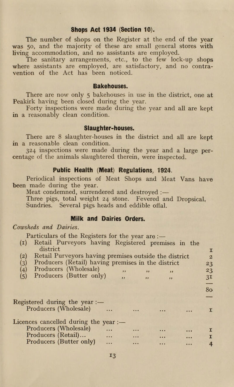 Shops Act 1934 (Section 10). The number of shops on the Register at the end of the year was 50, and the majority of these are small general stores with living accommodation, and no assistants are employed. The sanitary arrangements, etc., to the few lock-up shops where assistants are employed, are satisfactory, and no contra¬ vention of the Act has been noticed. Bakehouses. There are now only 5 bakehouses in use in the district, one at Peakirk having been closed during the year. Forty inspections were made during the year and all are kept in a reasonably clean condition. Slaughter-houses. There are 8 slaughter-houses in the district and all are kept in a reasonable clean condition. 324 inspections were made during the year and a large per¬ centage of the animals slaughtered therein, were inspected. Public Health (Meat) Regulations, 1924. Periodical inspections of Meat Shops and Meat Vans have been made during the year. Meat condemned, surrendered and destroyed :— Three pigs, total weight 24 stone. Fevered and Dropsical. Sundries. Several pigs heads and eddible offal. Milk and Dairies Orders. Cowsheds and Dairies. Particulars of the Registers for the year are :— (1) Retail Purveyors having Registered premises in the district I (2) Retail Purveyors having premises outside the district 2 (3) Producers (Retail) having premises in the district 23 (4) Producers (Wholesale) ,, „ tt 23 (5) Producers (Butter only) „ „ „ 31 80 Registered during the year :— Producers (Wholesale) ... ... ... ... 1 Licences cancelled during the year :— Producers (Wholesale) ... ... ... ... x Producers (Retail)... ... ... ... ... j Producers (Butter only) ... ... ... ... *