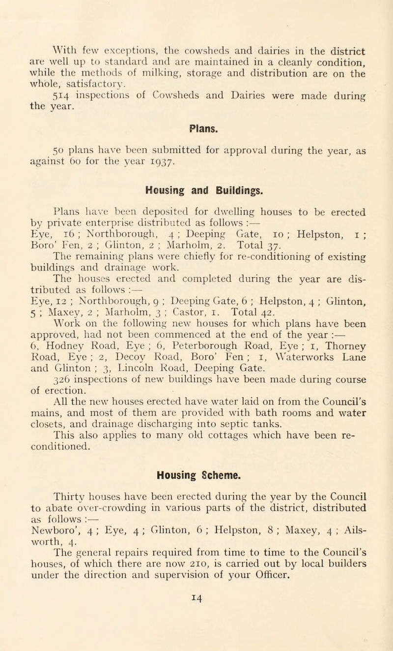 With few exceptions, the cowsheds and dairies in the district are well up to standard and are maintained in a cleanly condition, while the methods of milking, storage and distribution are on the whole, satisfactory. 514 inspections of Cowsheds and Dairies were made during the year. Plans. 50 plans have been submitted for approval during the year, as against bo for the year 1937. Housing and Buildings. Plans have been deposited for dwelling houses to be erected by private enterprise distributed as follows :— Eye, 16 ; Northborough, 4 ; Deeping Gate, 10 ; Helpston, 1 ; Boro’ Fen, 2 ; Glinton, 2 ; Marholm, 2. Total 37. The remaining plans were chiefly for re-conditioning of existing buildings and drainage work. The houses erected and completed during the year are dis¬ tributed as follows :— Eye, 12 ; Northborough, 9 ; Deeping Gate, 6 ; Helpston, 4 ; Glinton, 5 ; Maxey, 2 ; Marholm, 3 ; Castor, 1. Total 42. Work on the following new houses for which plans have been approved, had not been commenced at the end of the year :— 6, Hodney Road, Eye ; 6, Peterborough Road, Eye ; 1, Thorney Road, Eye ; 2, Decoy Road, Boro’ Fen ; 1, Waterworks Lane and Glinton ; 3, Lincoln Road, Deeping Gate. 326 inspections of new buildings have been made during course of erection. All the new houses erected have water laid on from the Council’s mains, and most of them are provided with bath rooms and water closets, and drainage discharging into septic tanks. This also applies to many old cottages which have been re¬ conditioned. Housing Scheme. Thirty houses have been erected during the year by the Council to abate over-crowding in various parts of the district, distributed as follows :— Newboro’, 4 ; Eye, 4 ; Glinton, 6 ; Helpston, 8 ; Maxey, 4 ; Ails- worth, 4. The general repairs required from time to time to the Council’s houses, of which there are now 210, is carried out by local builders under the direction and supervision of your Officer.