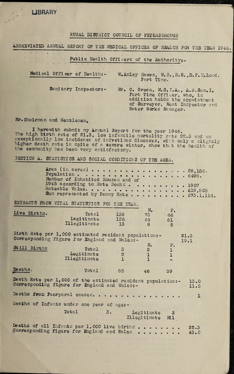 LIBRARY RURAL DISTRICT COUNCIL OF PETERBOROUGH * . t t ■ ABBREVIATED ANNUAL REPORT OF THE MEDICAL OFFICER OF HEALTH FOR THE YEAR 1946. Public Health Officers of the Authority* Medical Officer of Healths- W.Anley Hawes, M. 3., B. S. ,D. P. H.Lond . Port Time. Sanitary Inspector!- Mr. c. Green, M.S.I.A., A.R.San.I. Part Time Officer, who, in addition holds the appointment of Surveyor, Meat Inspector and Water Works Manager. Mr.Chairman and Gentlemen, I herewith submit my Annual Report for the year 1946. The high birth rate of 21,3, low infantile mortality rote 22.3 and an exceptionally low incidence of infectious diseases, with only a slightly ■ugher death rate in spite of a oevere winter, show that the health of the community has been very satisfactory. SECTION A. STATISTICS AND SOCIAL CONDITIONS OF THE AREA. Area (in acres)..28 irr Population . ... 6498.’ Humber of Inhabited Houses end of 1945 according to .Rate Books . 1907 Rateable Value. ••••••»•••«,,,... £19 805 Sum represented by Penny Rate . £73!l.lld. EXTRACTS FROM VITAL STATISTICS FCR THE YEAR. i M# p Live Births. Total 139 73* '66* Legitimate 126 65 61 Illegitimate 13 8 5 Birth Rote per 1,000 estimated resident population!- 21.3 Corresponding figure .for England and Wales:- 19.1 „ M. F. Still births Total 3 2 1 Legitimate 2 1 l Illegitimate 1 i Deaths. Total 85 46 39 Death Rate per 1,000 of the estimated resident population:- 13,0 Corresponding figure for England and Wales:- 11.5 Deaths from Puerperal causes. . 1 Deaths of Infants under one year of ago:- Total 3. Legitimate 3 Illegitimate Nil Deaths of all Infants per 1,000 live births ••••.... 22.3 Corresponding figure for England and Wales. 43,0