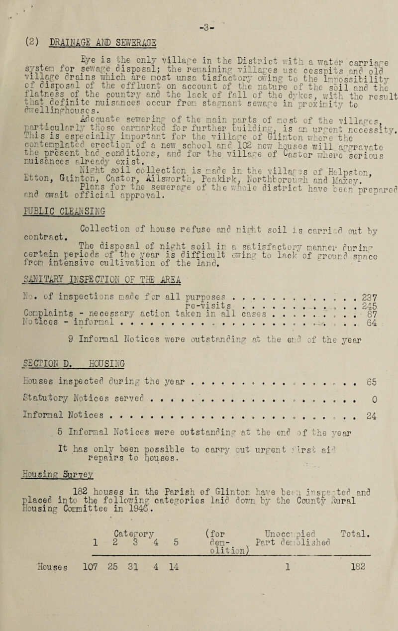 -3- (2) DRAINAGE AND SEWERAGE Eye is the only village in the District with a water carr system for sewage disposal; the remaining villages use cesspits and village drains which are most unsa tisfactory owing to the lnpossibi of disposal of the effluent on account of the nature of the soil and flatness.of the country and the lack of fall of the dykes, with the + 1'‘ + v,,,;-occur from stagnant sewage in proximity to es of the villagi an urrent necessity. that definite nuisances dwellinphousc s. Adequate sewerina of the main parts of most particularly those earmarked for further building, is This is especially important for the village of Glinton whereathe contemplated erection of a new school and 102 new houses will aAffray the present bad conditions, and for the village of Castor whereseri nuisances already exist. T , _ . Night soil collection is made in the villages of Helpston Etton, Gunton, Castor, Ailsworth, Peakirk, Northborou.gh and Maxey. lage old 'thj result ate ous and Plans for tfie sewerage await official approval. ± ev u. -1VO. i XV « X'j u 1 U 11 ^ u 1 u u -y, of the whole district have been' rr epared PUBLIC CLEANSING Collection of house refuse and night soil is carried out by contract. The disposal of night soil in a satisfactory manner durin- certain periods of the year is difficult owing to lack'of ground space from intensive cultivation of the land. SANITARY INSPECTION OF THE AREA No. of inspections made for all purposes.. . re-visits ... . , . Complaints - necessary action taken in all cases ........ Notices - informal... . , . . 237 . 245 . ■ 87 . 64 9 Informal Notices we re outstanding at the end of the year SECTION D. HOUSING houses inspected during the year . ........... 65 Statutory Notices served ...... . 0 ..... , 0 Informal Notices . ........... 24 5 Informal Notices were outstanding at the end of the year It has only been possible to carry out urgent first aid repairs to. houses. Housing Survey 182 houses in the Parish of Glinton have been inspected and placed into the following categories laid down by the County Rural Housing Committee in 1946. Category 1 2 3 4 5 (for Unocc: pied Total, dem- Part demolished olit ion) Houses 107 25 31 4 14 1 182
