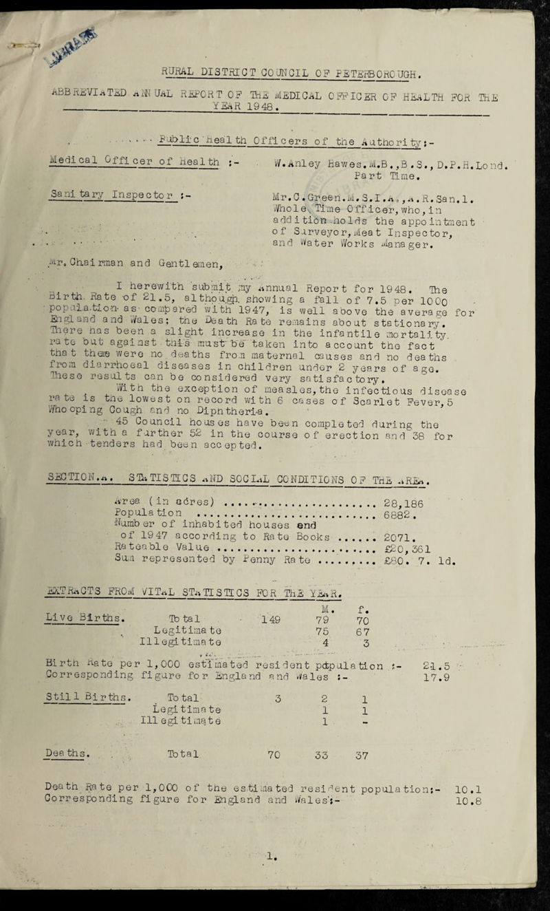 RURAL DISTRICT COUNCIL OP PETERBOROUGH. ABBREVIATED a IN UAL REPORT OP THE MEDICAL OFFICER OP HEALTH POR THE YEAR 19 48. • £;Y>Ii' c neal th Officers of the Authori ty: - Medical Officer of Health ;- W.Anley Hawes.M.B.,B ,S., D.P.H.Lond. Part lime. Sanitary Inspector ;- Mr.C . Green.M. S.I .A., a . R. San. 1, ,/lfhol e\ Time Off icer, who, in add i tibn .holds the appointment of Surveyo r, Mea t Inspector, and Water Works Manager. Mr. Chairman and Gentlemen, - .* I herewith submit my annual Report for 1948. The Birth.. Rate -of 21.5, although, showing a fall of 7.5 per 1000 popuLa-tion- as■ compared with 19 47, is well above the average for England and wales; the Death Rate remains about stationary. There has been a slight increase in the infantile mortality, rate but against this mu sir be taken into account the fact that the© were no deaths from maternal causes and no deaths from diorrhoeal diseases in children under 2 years of age. These results can be considered very sa ti s f a c^to ry. With the exception of measles, the infectious disease rate is the lowest on record with 6 cases of Scarlet Pever 5 Whooping Cough and no Dipntheri-a. * 45 Council houses have been completed during the year, with a farther 52 in the course of erection and 38 for which tenders had been accepted. SECTION.-^ . STATISTICS ,*ND SOCIaL CONDITIONS OP THE *»REn. Area (in acres) ... 28,186 Population . 6882. Number of inhabited houses end of 1947 according to Rate Books ...... 2071. Rateable Value . £20 , 361 Sum represented by Penny Rate ......... £80 ! 7. Id. EXTRACTS FROM VIT^L STATISTICS FOR THE YEaK, I M. f. Live Births. Total -149 7 9 70 Legitimate 75 67 Illegitimate 4 3 Birth Rate per 1,000 estimated resident population ?- 21.5 Corresponding figure for England and wales 17.9 Stil 1 Bj rths. To tal 3 2 1 Legitimate 1 l Illegitimate 1 Pea ths. Total 70 33 37 Death Rate per 1,000 of the estimated resident population;- 10.1 Corresponding figure for England and Wales’;- 10.8