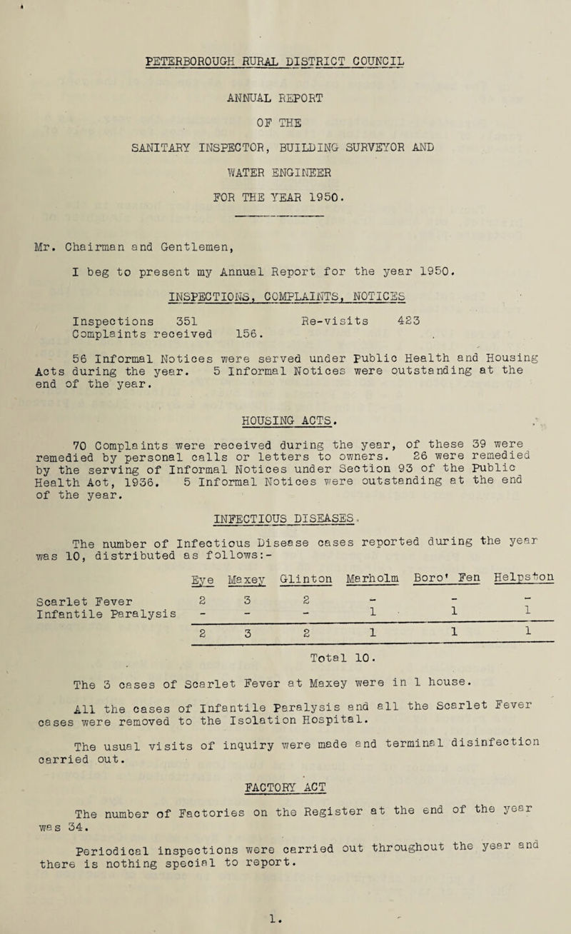 PETERBOROUGH RURAL DISTRICT COUNCIL ANNUAL REPORT OF THE SANITARY INSPECTOR, BUILDING SURVEYOR AND WATER ENGINEER FOR THE YEAR 1950. Mr. Chairman and Gentlemen, I beg to present my Annual Report for the year 1950. INSPECTIONS, COMPLAINTS, NOTICES Inspections 351 Re-visits 423 Complaints received 156. 56 Informal Notices were served under Public Health and Housing Acts during the year. 5 Informal Notices were outstanding at the end of the year. HOUSING ACTS. 70 Complaints were received during the year, of these 39 were ^ remedied by personal calls or letters to owners. 26 were remedied by the serving of Informal Notices under Section 93 of the Public Health Act, 1936. 5 Informal Notices were outstanding at the end of the year. INFECTIOUS DISEASES. The number of Infectious Disease cases reported during the year was 10, distributed as follows:- Eyjs Maxey Glinton Marholm BoroT Fen Helpston Scarlet Fever 232- Infantile Paralysis - - -_ 2 3 2 1 1 1 Total 10. The 3 cases of Scarlet Fever at Maxey were in 1 house. All the cases of Infantile Paralysis and all the Scarlet Fever cases were removed to the Isolation Hospital. The usual visits of inquiry were made and terminal disinfection carried out. FACTORY ACT The number of Factories on the Register at the end of the year was 34. Periodical inspections were carried out throughout the year ana there is nothing special to report.