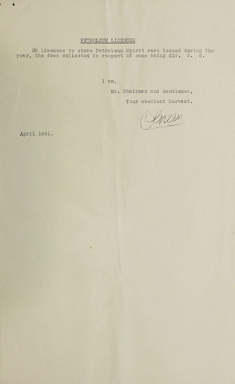 PETROLEUM LICENCES during the 5. 0. 30 licences to store Petroleum Spirit were issued year, the fees collected in respect of same being £19. I am, Mr. Chairman and Gentlemen, Your obedient Servant. April 1951.