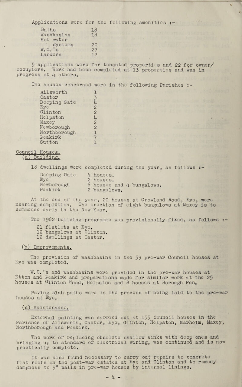 Applications were for the following amenities :- Baths 18 Washbasins 18 Hot water systems 20 W.C.’s . 27 Larders 12 5 applications were for tenanted properties and 22 for owner/ occupiers. Work had been completed at 13 properties and was in progress at 4 others. The houses concerned were in the following Parishes Ailsworth 1 Castor 3 Deeping Gate 4 Eye 2 Glinton 2 Hclpston 4 Maxey 2 Newborough 2 Northborough 1 Pcakirk 7 Sutton 1 Council Houses, (a) Building. completed during the year, as follows 4 houses. 2 houses. 6 houses and 4 bungalows. 2 bungalows. 18 dwellings were Deeping Gate Eye Newborough Peakirk At the end of the year, 20 houses at Crowland Road, Eye, were nearing completion. The erection of eight bungalows at Maxey is tp commence early in the New Year. The 1962 building programme was provisionally fixed, as follows 21 flatlets at Eye. 12 bungalows at Glinton. 12 dwellings at Castor. (b) Improvements. The provision of washbasins in the 59 pre-war Council houses at Dye was completed. W.C.'s and washbasins were provided in the pre-war houses at Etton and Pcakirk and preparations made for similar work at the 25 houses at Glinton Road, Hclpston and 8 houses at Borough Pen. Paving slab paths were in the process of being laid to the pre-war houses at Eyo. (c) Maintenance. External painting was carried out at 155 Council houses in the Parishes of Ailsworth, Castor, Eye, Glinton, Hclpston, Marholm, Maxey, Northborough and Peakirk. The work of replacing obsolete shallow sinks with deep ones and bringing up to standard of electrical wiring, was continued and is now practically complete. It was also found necessary to carry out repairs to concrete flat roofs on the post-war estates at Eye and Glinton and to remedy dampness to 9 walls in pre-war houses by internal linings.