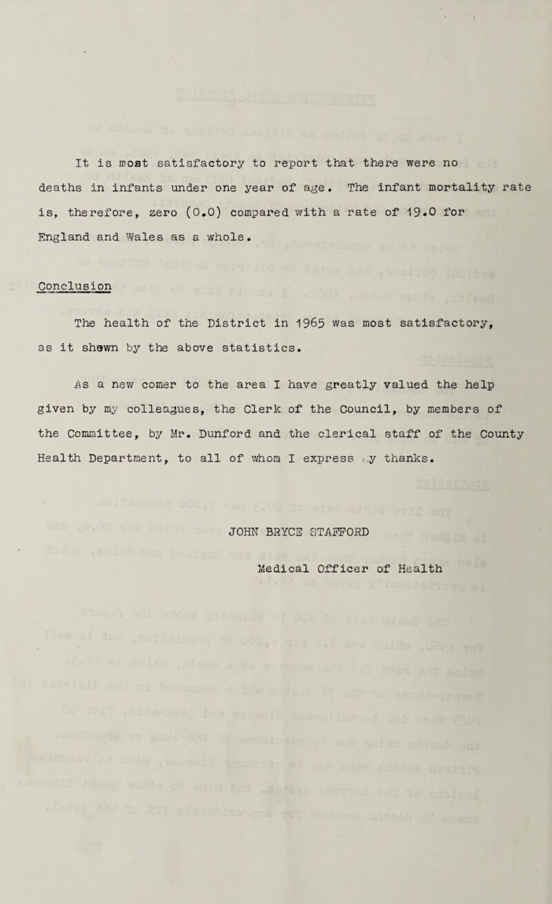 It is most satisfactory to report that there were no deaths in infants under one year of age. The infant mortality rate is, therefore, zero (0.0) compared with a rate of 19.0 for England and Wales as a whole. Conclusion The health of the District in 1965 was most satisfactory, as it shawn by the above statistics. .As a new comer to the area I have greatly valued the help given by my colleagues, the Clerk of the Council, by members of the Committee, by Mr. Dunford and the clerical staff of the County Health Department, to all of whom I express i.y thanks. JOHN BRYCE STAFFORD Medical Officer of Health