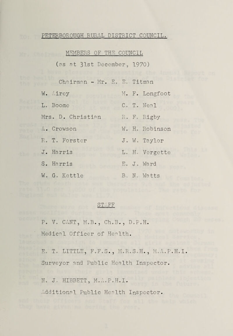PETERBOROUGH RURAL DISTRICT COUNCIL. MEMBERS OF THE COUNCIL (as at 31st December, 1970) Chairman - Mr. E. E, Titman w. Airey M. F. Longfoot L. Boome Co To Neal Mrs ;. D. Christian T) X \ o F. Rigby li. • Crowson w. Ho Robinson R. To Forster J. W. Taylor J. Harris Lo Ho Vergette S. Harris Eo Jo Ward W. Go Kettle B, No Watts ST,,FF P. V. CANT, M.B., Ch.B., D.P.H. Medical Officer of Health. E. T. LITTLE, F.F.S., M.R.S.H., M.A.P.H.I, Surveyor and Public Health Inspector. N. J. HIBBETT, M.A.P.H.I. Additional Public Health Inspector.