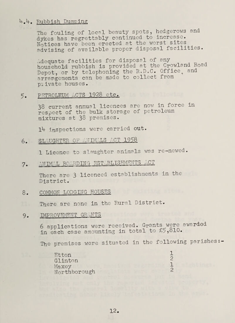 A.k. Rubbish Dumping The fouling of local beauty spots, hedgerows and dykes has regrettably continued to increase. Notices have been erected at the worst sites advising of available proper disposal facilities. adequate facilities for disposal of any household rubbish is provided at the Crowland Road Depot, or by telephoning the R.D.C. Office^ and arrangements can be made to collect from piivate houses. 5. PETROLEUM liCTS 1928 etc. 38 current annual licences are now in force in respect of the bulk storage of petroleum mixtures at 38 premises. lk inspections were carried out. 6. SLAUGHTER OF ANIMALS ACT 195.8 1 Licence to slaughter animals was re-newed. 7. ANIMAL BOARDING ESTABLISHMENTS ACT There are 3 licenced establishments in the District. 8. COMMON LODGING HOUSES There are none in the Rural District. 9. IMPROVEMENT GRANTS 6 applications were received. Grants were awarded in each case amounting in total to £5,810. The premises were situated in the following parishes Etton }■ Glinton ^ Maxey 5 Northborough tL 12.
