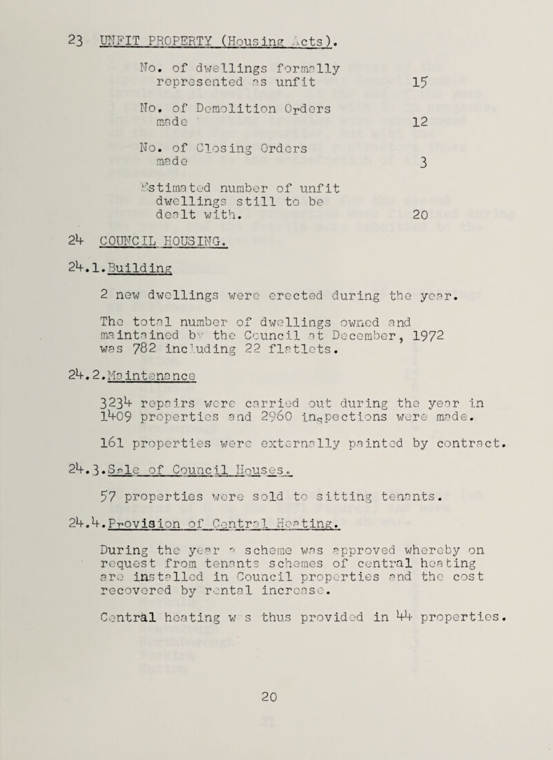 No. of dwellings formally represented as unfit 15 No. of Demolition Orders made 12 No. of Closing Orders made 3 Estimated number of unfit dwellings still to be dealt with. 20 24 COUNCIL HOUSING. 24.1. Building 2 new dwellings were erected during the year. The total number of dwellings owned and maintained bv the Council at December, 1972 was 782 including 22 flatlets. 24.2. Msintenance 3234 repairs were carried out during the year in 1409 properties and 2960 inspections were made. l6l properties were externally painted by contract. 24.3.3pie of Council Houses. 57 properties were sold to sitting tenants. 24.4.Provision of Central Hop ting. During the year r' scheme was approved whereby on request from tenants schemes of central heating are installed in Council properties and the cost recovered by rental increase. Central heating w s thus provided in 44 properties. 20