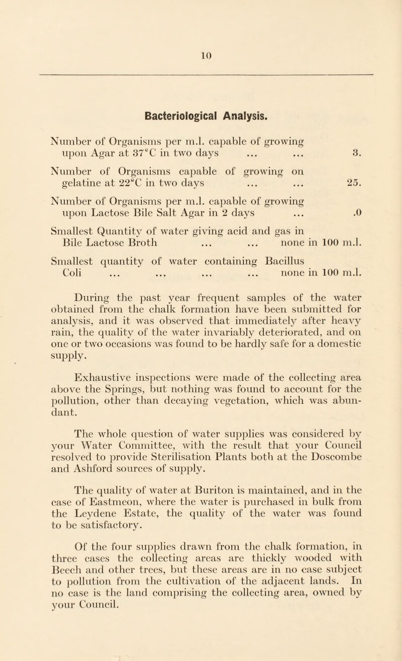 Bacteriological Analysis. Number of Organisms per m.l. capable of growing upon Agar at 37“C in two days ... ... 3. Number of Organisms capable of growing on gelatine at 22“C in two days ... ... 25. Number of Organisms per m.l. capable of growing upon Lactose Bile Salt Agar in 2 days ... .0 Smallest Quantity of water giving acid and gas in Bile Lactose Broth ... ... none in 100 m.l. Smallest quantity of water containing Bacillus C'oli ... ... ... ... none in 100 m.l. During the past year frequent samples of the water obtained from the chalk formation have been submitted for analysis, and it was observed that immediately after hea\y rain, the quality of the water invariably deteriorated, and on one or two occasions was found to be hardly safe for a domestic supply. Exhaustive inspections were made of the collecting area above the Springs, l3ut nothing was found to account for the jwllution, other than decaying vegetation, which was abun¬ dant. The whole question of water supplies was considered by yonr Water Committee, with the residt that your Council resolved to pro^dde Sterilisation Plants both at the Doscombe and Ashford sonrees of supply. The quality of water at Buriton is maintained, and in the case of Eastmeon, where the water is ])urchased in bulk from the Leydene Estate, the quality of the water was found to be satisfactory. Of the four su])])lies drawn from the chalk formation, in three cases the collecting areas are thickly wooded with Beech and other trees, but these areas are in no case subject to pollution from the cultivation of the adjacent lands. In no case is the land comprising the collecting area, owned by your Council.