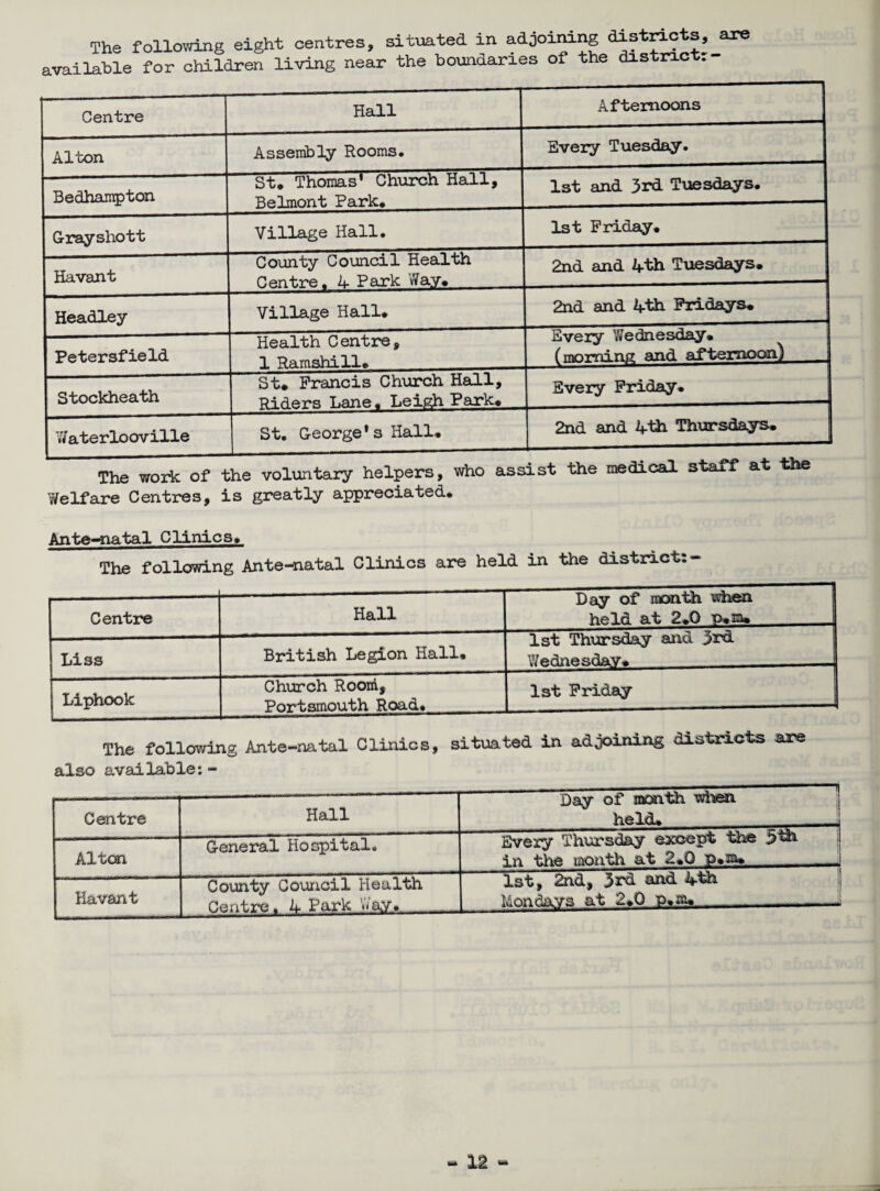 available for children living near the boundaries of the distnc Centre Hall Afternoons Alton Assembly Rooms. Every Tuesday. Bedhampton St. Thomas' Church Hall, Belmont Park* __ 1st and 3rd Tuesdays. Grayshott Village Hall. 1st Friday. Havant County Council Health Centre, 4 Park Way. 2nd and 4th Tuesdays. Headley Village Hall. 2nd and 4th Fridays. Petersfield Health Centre, 1 Ramshill. _ Every Wednesday. (morning and afternoon) Stockheath St. Francis Church Hall, Riders Lane, Leigh Park. ..... Every Friday. Waterlooville St. George's Hall. 2nd and 4th Thursdays. The work, of the voluntary helpers, who assist the medical staff at the Welfare Centres, is greatly appreciated. Ante-natal Clinics. The following Antenatal Clinics are held in the district:- Centre Hall Day of month when _held at 2.0 p»m. _j Liss British Legion Hall. 1st Thursday and 3rd Wednesday. Liphook Church Room, Portsmouth Road. 1st Friday The following Ante-natal Clinics, situated in adjoining districts are also available:- Centre Hall Day of month when held* Alton General Hospital. Every Thursday except the in the month at 2.Q p.m. _ Havant County Council Health Centre. 4 Park »<ay. 1st, 2nd, 3rd and 4th Mondays at 2.0 p.m, . ~.d 12