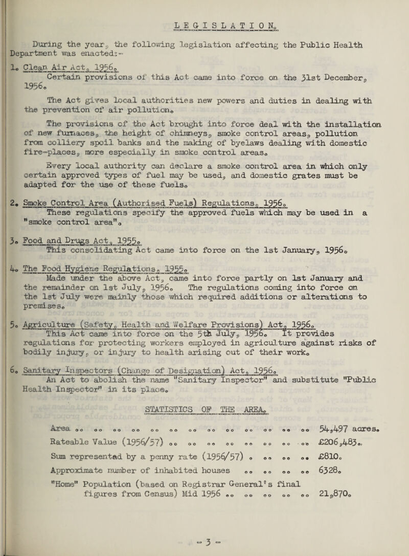 LEGISLATION. During the year,, the following legislation affecting the Public Health Department was enacted;- lo Clean- Air Act 0 .19560 Certain provisions of this Act came into force on the 31st December<> 1956o The Act gives local authorities new powers and duties in dealing with the prevention of air pollutione The provisions of the Act brought into force deal with the installation of new furnaces9 the height of chimneys <, smoke control areas pollution from colliery spoil banks and the making of byelaws dealing with domestic fire-placess more especially in smoke control areas0 Bvery local authority can declare a smoke control area in which only certain approved types of fuel may be used,, and domestic grates must be adapted for the use of these fuels0 2© Smoke Control Area (Authorised Fuelg) Regulationsn 19560 These regulations specify the approved fuels which may be used in a smoke control areat8o )0 Food and Drugs Act? 1955o This consolidating Act came into force on the 1st January,, 1956& ho The Food Hygiene Regulations0 1955o Made under the above Act* came into force partly on 1st January and the remainder on 1st July <> 1956 o The regulations coming into force on the 1st July were; mainly those which required additions or alterations to premiseSe 5o Agriculture {Safety. Health and Welfare Provisions) Aotq 19560 This Act came into force on the 5th July <, i95oTra~TFprGvLdes regulations for protecting workers employed in agriculture against risks of bodily in jury „ or injury to health arising out of their workD / b< ___ An Act to abolish the name Sanitary Inspector and substitute Public Health Inspector in its place0 STATISTICS OF THE AREA, Area do 00 go 00 00 00 00 O O OO 00 Rateable Value (1956/5?) 00 00 00 ,o Sum represented by a penny rate (1956/57) o 00 00 00 00 00 00 © © o o o o Approximate number of inhabited houses Home Population (based on Registrar General® s final figures from Census) Mid 1956 © © 54A97 acres, £206P483o, £810 o 6328, 21p870o © o o © © o o o