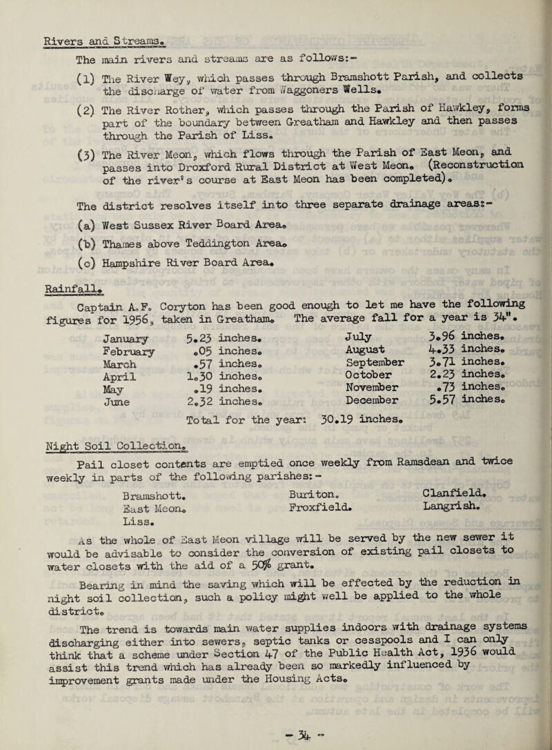 Rivers and Streams, The main rivers and streams are as follows:- (1) The River Weys which passes through Bramshott Parish, and collects the discnarge of water from Waggoners Wells, (2) . The River Rother, which passes through the Parish of Hawkley, forms part of the boundary between G-reathain and Hawkley and then passes through the Parish of Liss, (3) The River Mean, which flows through the Parish of East Meon, and passes into Droxford Rural District at West Meon, (Reconstruction of the river® s course at Bast Meon has been completed). The district resolves itself into three separate drainage areas:- (a) West Sussex River Board Area, (b) Thames above Teddington Area, (c) Hampshire River Board Area* Rainfall, Captain AoF, Coryton has been good enough to let me have the following figures for 1956, taken in Greatham, The average fall for a year is 34- . January February March April May June DO 5,23 inches, ,05 inches ,57 inches 1,30 inches ,19 inches 2,32 inches July August September October November December Total for the year: 30,19 inches* 3,96 inches, A,35 inches, 3,71 inches, 2,23 inches, ,73 inches, 3.57 inches. Night Soil Collection, Pail closet contents are emptied once weekly from Ramsdean and twice y/eekly in parts of the following parishes:- Bramshott* Buriton0 Clanfield, Bast Meon, Froxfield# Langrish. Liss* as the whole of East Meon village will be served by the new sewer it would be advisable to consider the conversion of existing pail closets to water closets with the aid of a 50$ grant. Bearing in mind the saving vrhich will be effected by the reduction in night soil collection, such a policy might well be applied to the whole district. The trend is towards main water supplies indoors with drainage systems discharging either into sewers, septic tanks or cesspools and I can only think that a scheme under Section 47 of the Public Health Act, 1936 would assist this trend which has already been so markedly influenced by improvement grants made under the Housing Acts0