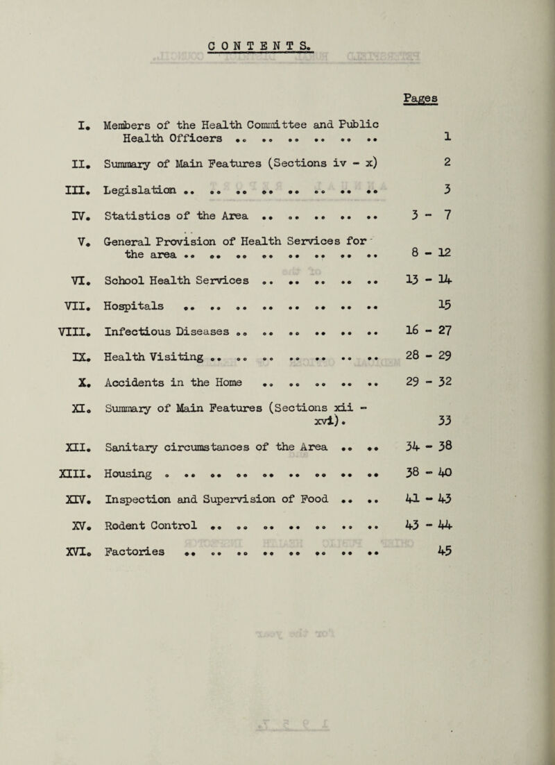 CONTENTS, Pages I* Members of the Health Committee and Public Health Officers .. •• .. .. . • 1 II. Summary of Main Features (Sections iv - x) 2 III, Legislation •• •• »» .. .. •• ,, 3 IV. Statistics of the Area ... 3-7 V. General Provision of Health Services for the area *• .. •• •• ,, .. •• 8-12 VI. School Health Services .. .. •• •• 13-14 VII. Hospitals .. .. 15 VIII. Infectious Diseases ,, ,, ,, •• •• •• 16-27 IX. Health Visiting .. .. .. .. .. .. 28-29 X. Accidents in the Home .. .. „. 29-32 XI. Summary of Main Features (Sections xii - xvi). 33 XII. Sanitary circumstances of the Area .. •• 34-38 XIII. Housing o •• .. o. • » .. .. •• •• 38-40 XEV. Inspection and Supervision of Food •• .. 41-43 XV. Rodent Control .. .. .. •• .. .. .. 43-44 XVI. Factories •• .. .. •• •• .. •• •• 45