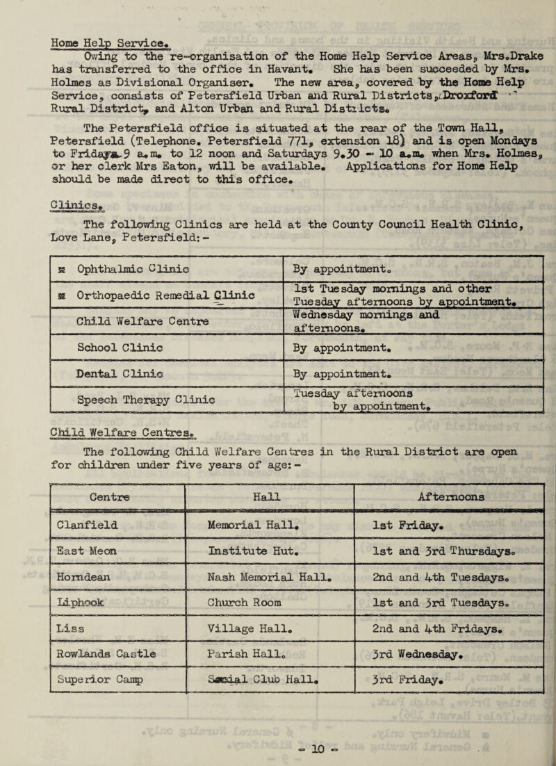 Home Help Service* Owing to the re-organisation of the Home Help Service Areas* Mrs,,Drake has transferred to the office in Havant. She has been succeeded by Mrs. Holmes as Divisional Organiser. The new area,, covered by the Home Help Service* consists of Petersfield Urban and Rural Dist]rictsPc.IlroxfardC Rural District, and Alton Urban and Rural Distiicts. The Petersfield office is situated at the rear of the Town Hall* Petersfield (Telephone. Petersfield 771* extension 18) and is open Mondays to FridajaL.5 a.m. to 12 noon and Saturdays 9*30 — 10 &.m» when Mrs. Holmes* or her clerk Mrs Baton* will be available. Applications for Home Help should be made direct to this office. Clinics. The following Clinics are held at the County Council Health Clinic, Love Lane* Petersfield:- s£ Ophthalmic Clinic By appointment. 5Z Orthopaedic Remedial Clinic 1st Tuesday mornings and other Tuesday afternoons by appointment. Child Welfare Centre Wednesday mornings and afternoons. School Clinic By appointment. Dental Clinic By appointment. Speech Therapy Clinic Tuesday afternoons by appointment* Child Welfare Centres. The following Child Welfare Centres in the Rural District are open for children under five years of age: - -- in Ml ■ „ ...r-m ■■ - r ■ - Centre Hall Afternoons Clanfield Memorial Hall. 1st Friday. East Meon Institute Hut. 1st and 3rd Thursdays. Homdean Nash Memorial Hall. 2nd and 4th Tuesdays. Liphook Church Room 1st and 3rd Tuesdays. Liss Village Hall. 2nd and 4th Fridays. Rowlands Castle Parish Hall. 3rd Wednesday. Superior Camp Saisial Club Hall. 3rd Friday.