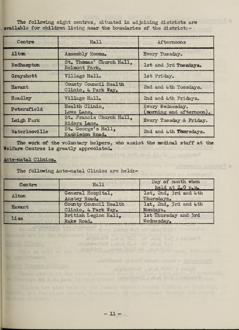 The following eight centres,, situated in adjoining districts are available for children living near the boundaries of the districts- Centre Hall Afternoons Alton Assembly Rooms# Every Tuesday# Bedhampton St# Thomas0 Church Hall, Belmont Park# 1st and 3rd Tuesdays# Grayshott Village Hall. 1st Friday. Havant County Council Health Clinic. 4 Park Wav# 2nd and 4th Tuesdays. Headley Village Hall. 2nd and 4th Fridays# Petersfield Health Clinic, Love Lane# Every Wednesday. (morning and afternoon). Leigh Park St. Francis Church Hall, Riders Lane. Every Tuesday & Friday. Waterloovilie St# George”s Hall, Hambledon Road. 2nd and 4th Timrsdays# The work of the voluntary helpers, who assist the medical, staff at the Welfare Centres is greatly appreciated# Antenatal Clinics, The following Ante-natal Clinics are he Ids- Centre Hall Day of month when held at 2*0 p.m# Alton General Hospital, 1st, 2nd, 3rd and 4th Thursdays. Havant County Council Health Clinic. 4 Park Way# 1st, 2nd, 3rd and 4th Mondays# Li ss British Legion Hall, Rake Road# 1st Thursday and 3rd Wednesday# n -