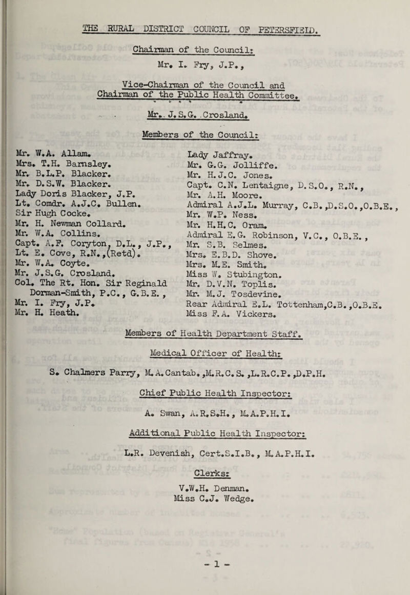 THS RURAL DISTRICT COUNCIL OF PSTERSFIEID. Chairman of the Council; Mr# I* Fry, J.P., Vice-Chairman of the Council and Chairman of the Public Health Committee* Mr», J. S.G. . Crosland. Members of the Council: Mr* W.A. A Ham. Mrs. T.H. Barnsley. Mr. B.L.P. Blacker. Mr. D. S.W. Blacker. Lady Doris Blacker, J.P. Lt» Comdr. A.J.C. Bullen. Sir Hugh Cocke. Mr. H. Newman Collard. Mr. W.A. Collins. Capt. A.P. Coryton. D.L., J.P., Lt. E. Cove, R.N.,(Retd). Mr. W.A. Coyte. Mr. J.S.G. Crosland. Col. The Rt. Hon. Sir Reginald Dorman-Sraith, P.C., G.B.E. , Mr. I. Pry, J.P. Mr. H. Heath. Lady Jaffray. Mr. G.G. Jolliffe. Mr. H. J. C. Jones. Capt. C.N. Lentaigne, D. S.O., R.N. , Mr. A. H. Moore. Admiral A.J.L. Murray, C.B. ,D.S.O.,O.B.E. Mr. W.P. Ness. Mr. H.H. C. Oram. Admiral E.G. Robinson, V.C., O.B.E. , Mr. S.B. Selmes. Mrs. E.B.D. Shove. Mrs. M.E. Smith. Mss W. Stubington. Mr. D.V.N. Toplis. Mr. M. J. Tosdevine. Rear Adniral E.L. Tottenham,C.B. ,O.B.E. Miss P.A. Vickers. Members of Health Department Staff. Medical Officer of Health: S. Chalmers Parry, M. A.Cantab. ,M.R.C. S. ,L.R.C.P. ,D.P.H. Chief Public Health Inspector: A. Swan, A.R.S.H., M.A.P.H.I. Additional Public Health Inspector: L*R. Devenish, Cert.S.I.B., M.A.P.H.X. | Clerks: V.W.H. Denman. Mss C.J. Wedge.