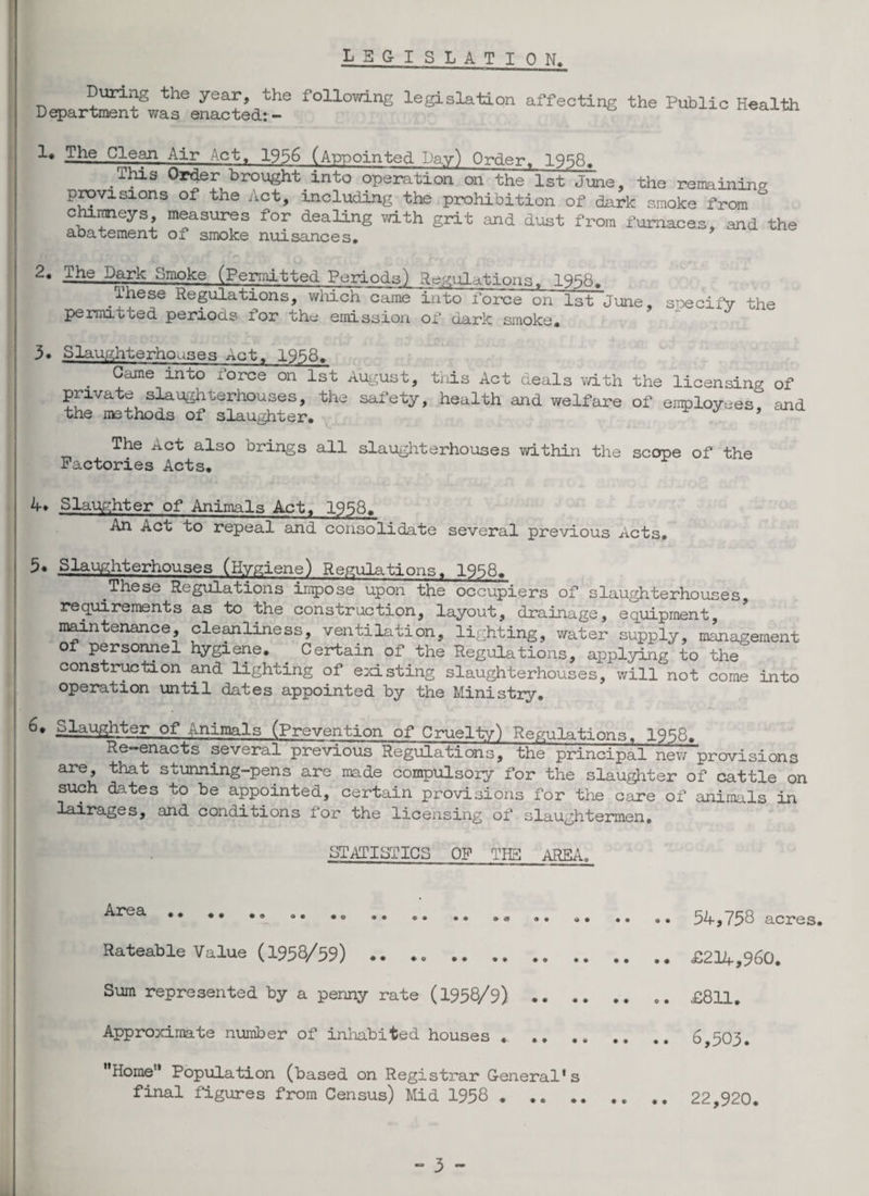 lbgislatio n. During the year, Department was enacted the following legislation affecting the Public Health The Clean Air Act, 1956 (Appointed Day) Order, 1958, This Order brought into operation on the 1st June, the remaining provisions of the Act, including the prohibition of dark smoke from cln_nmeys measures for dealing with grit and dust from furnaces, and the abatement of smoke nuisances, 2« The Dark Smoke (Permitted Periods) Regulations, 1958, These Regulations, which came into force on 1st June, specify the permioted periods lor the emission of dark smoke. 3. Slaughterhouses Act, 1958, Game into force on 1st August, this Act deals with the licensing of private slaughterhouses, the safety, health and welfare of employees and the methods of slaughter. ’ The Act also brings all slaughterhouses within the scope of the Factories Acts. 4* Slaughter of Animals Act, 1958. An Act to repeal and consolidate several previous Acts. 5* Slaughterhouses (Hygiene) Regulations. 1958. These Regulations impose upon the occupiers of slaughterhouses, requirements as to the construction, layout, drainage, equipment, maintenance, cleanliness, ventilation, lighting, water supply, management of personnel hygiene. Certain of the Regulations, applying to the construction and lighting of existing slaughterhouses, will not come into operation until dates appointed by the Ministry. 6. Slaughter of Animals (Prevention of Cruelty) Regulations, 1958. Re-enacts several previous Regulations, the principal new provisions are, that stunning-pens are made compulsory for the slaughter of cattle on such dates to be appointed, certain provisions for the care of animals in lairages, and conditions for the licensing of slaughtermen. STATISTICS OF THE AREA. •• 54,758 acres. Rateable Value (1958/59) «. •. .£214,960. Sum represented by a penny rate (1958/9).£811. Approximate number of inhabited houses . . 6,503. Home Population (based on Registrar General* s final figures from Census) Mid 1958 • .. .. .. 22,920.