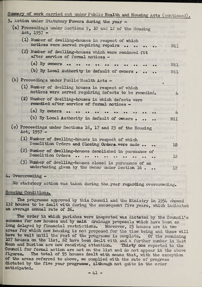 Summary of work carried out under Public Health and Housing Acts (continued). 3* Action under Statutory Powers during the year — (a) Proceedings under Sections 9, 10 and 12 of the Housing Act, 1957 - (1) Number of dwelling-houses in respect of which notices were served requiring repairs • • . „ .. Nil (2) Number of dwelling-houses which were rendered fit after service of formal notices - (a) By owners • • . .. (b) By Local Authority in default of owners. Nil (b) Proceedings under Public'Health Acts - (1) Number of dwelling houses in respect of which notices were served requiring defects to be remedied. A (2) Number of dwelling-houses in which defects were remedied after service of formal notices - (a) By owners...„ . ^ (b) By Local Authority in default of owners. Nil (c) Proceedings under Sections 16, 17 and 23 of the Housing Act, 1957 - (l) Number of dwelling-houses in respect of which Demolition Orders and Closing Orderswere made •• •• 10 (2) Number of dwelling—houses demolished in pursuance of Demolition Orders. 12 (3) Number of dwelling-houses closed in pursuance of an undertaking given by the owner under Section 16 . 12 4* Overcrowding - No statutory action was taken during the year regarding overcrowding. Housing Conditions. The programme approved by this Council and the Ministry in 1954 showed 132 houses to be dealt with during the subsequent five years, which indicated an average annual rate of 26. The order in which parishes were inspected was dictated by the Council's schemes for new houses and by main drainage proposals which have been so long delayed by financial restrictions. Moreover, 25 houses are in two areas for which new housing is not proposed for the time being and these will have to wait until the rest of the programme is complete. Of the remaining 107 houses on the list, 62 have been dealt with and a further number in Bast Meon and Builton are now receiving attention. 'Thirty one reported to the Council for lormal action are not on the list and do not appear in the above figures. The total of 93 houses dealt with means that, with the exception of the areas referred to above, we complied with the rate of progress dictated by the five year programme, although not quite in the order anticipated.