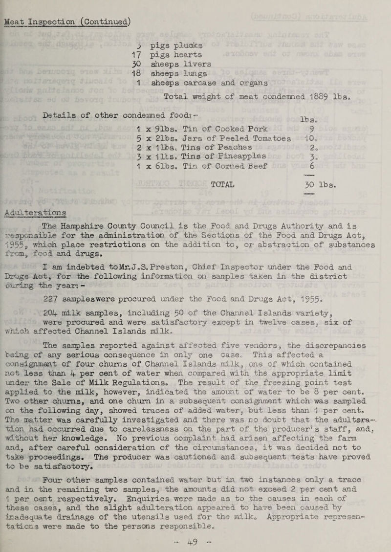 Meat Inspection (Continued.) j pigs plucks 17 pigs hearts 30 sheeps livers 18 sheeps lungs 1 sheeps carcase and organs Total weight of meat condemned 188$ lbs. Details of other condemned foods ~ 1 x. 9 lbs. Tin of Cooked Pork 5 x 21bSo Jars of Peeled Toma.toes 2 x 11bSc Tins of Peaches 3 x libs. Tins of Pineapples 1 x bibs« Tin of Corned Beef lb So 9 10. 20 3 = 6 TOTAL 30 lbs. A d'l'i. t e ration g. The Hampshire County Council, is the Food and Drags Authority and is •responsible for the administration of the Sections of the Food and Drugs Act, '1955i> which place restrictions on the addition to, or abstraction of substances from, food and drugs. I am indebted to Mr. J.S. Preston, Chief Inspector under tne Food and Drugs Act, for the following information on samples taken in the district during the year: - 227 sampleswere procured under the Food and Drugs Act, 1955 = 204 milk samples, including 50 of the Channel Islands variety, were procured and were satisfactory except in twelve cases, six of which affected Channel Islands milk. The samples reported against affected five vendors, the discrepancies being of any serious consequence in. only one case, This affected a consignment of four chums of Channel Islands milk, one of which contained not less than 4 per cent of water when compared with the appropriate limit under the Sale cf Milk Regulations. The result of the freezing point test applied to the milk, however, indicated the amount of water to be 8 per cento Two other chums, and one churn in a subsequent consignment which was sampled on the following day, showed traces of added water, but less than 1 per cent. The matter was carefully investigated and there was no doubt that the adultera¬ tion had occurred due to carelessness on the part of the producer5 s staff, and, without her knowledge. No previous complaint had arisen affecting the farm and, after careful consideration of the circumstances, it was decided not to take proceedings. The producer was cautioned and subsequent tests have proved to be satisfactory. Four other samples contained water but in. two instances only a. trace and in the remaining two samples, the amounts did not exceed 2 per cent and 1 per cent respectively. Enquiries were made as bo the causes in each of these cases, and the slight adulteration appeared to have been caused by inadequate drainage of the utensils used for the milko Appropriate represen¬ tations were made to the persons responsible.