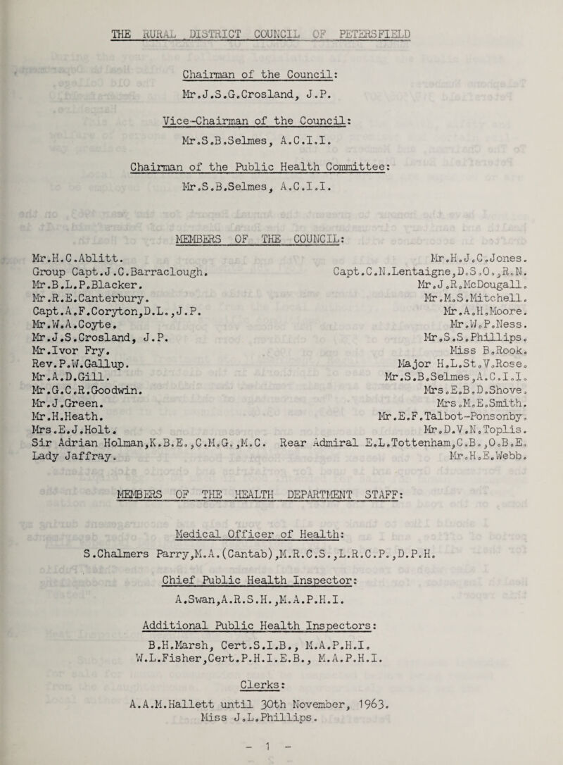 Chairman of the Council: Mr.J.S.G.Crosland, J.P. Vice-Chairman of the Council: Mr.S„B.Selm.es, A.C.I.I. Chairman of the Public Health Committee: Mr.S.B.Selmes, A.C.I.I. MEMBERS OF THE COUNCIL: Mr.H.C.Ablitt. Group Capt.J.C.Barraclough. Mr.B.L.P.Blacker. Mir. R. E. C ant e rbury. Capt.A.F.Coryton,D.L.,J.P. Mr.W.A.Coyte. Mr.J.S.Crosland, J.P. Mr.Ivor Fry. Rev.P.W.Gallup. Mr.A.D.Gill. Mr.G.C.R.Goodwin. Mr.J.Green. Mr.H.Heath. Mrs.E.J.Holt. Sir Adrian Holman,K.B.E. ,C.M.G. ,M.C. Lady Jaffray. Mr.H.J«C«Jones. Capt.C.N.Lentaigne,D.S,0»,RoN. Mr. J « R o Me Dougall „ Mr. Mo S. Mitchell. Mr.A,H«Moore. Mr.WoP.Ness. Mr,S.S.Phillips. Miss BoRook. Major H.L.StoVoRose. Mr.S.B.Selmes,A.C.I.I. Mrs o E„B * D o Shove. Mrs o Mo E0 Smith. Mr. E. F. Tal bot ■-Pons onby; Mr,D.V.N o Toplis. Rear Admiral E.L.Tottenham,C.B.,0.B,E. Mr.H.E.Webb. MEMBERS 0? THE HEALTH DEPARTMENT STAFF: Medical Officer of Health: S.Chalmers Parry,M.A.(Cantab) ,M.R.C.S.,L.R.C.P.,D.P.H. Chief Public Health Inspector: A.Swan,A.R.S.H.,M.A.P.H.I. Additional Public Health Inspectors: B.H.Marsh, Cert.S.I.B., M.A.P.H.I. W.L.Fisher,Cert.P.H.I.E.B., M.A.P.H.I. Clerks: A.A.M.Hallett until 30th November, 1963. Miss JoL.Phillips.