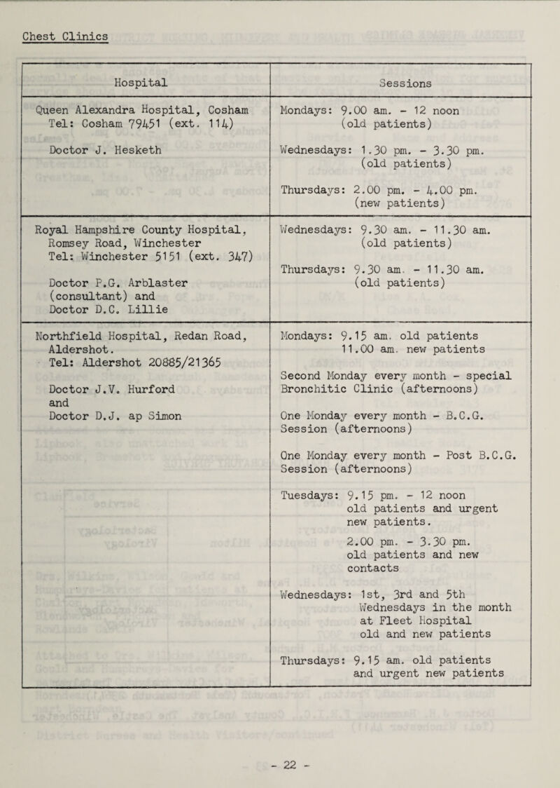 Chest Clinics Hospital Sessions Queen Alexandra Hospital, Cosham Tel: Cosham 794-51 (ext. 114) Mondays: 9.00 am. - 12 noon (old patients) Doctor J. Hesketh Wednesdays: 1.30 pm. - 3.30 pm. (old patients) Thursdays: 2.00 pm. - 4.00 pm. (new patients) Royal Hampshire County Hospital, Romsey Road, Winchester Tel: Winchester 5151 (ext. 347) Wednesdays: 9.30 am. - 11.30 am. (old patients) Doctor P.G. Arblaster (consultant) and Doctor D.C. Lillie Thursdays: 9.30 am. - 11.30 am. (old patients) Northfield Hospital, Redan Road, Aldershot. Tel: Aldershot 20885/21365 Mondays: 9.15 am. old patients 11.00 am. new patients Doctor J.V„ Hurford and Doctor D.J. ap Simon Second Monday every month - special Bronchitic Clinic (afternoons) One Monday every month - B.C.G. Session (afternoons) One Monday every month - Post B.C.G. Session (afternoons) Tuesdays: 9.15 pm. - 12 noon old patients and urgent new patients. 2.00 pm. - 3.30 pm. old patients and new contacts Wednesdays: 1st, 3rd and 5th Wednesdays in the month at Fleet Hospital old and new patients Thursdays: 9.15 am. old patients and urgent new patients
