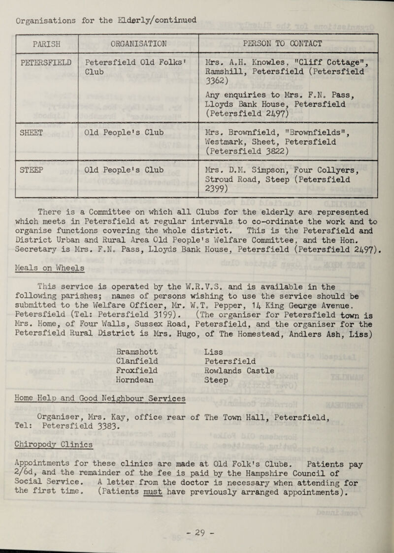 PARISH ORGANISATION PERSON TO CONTACT PETERSFIELD Petersfield Old Folks' Club Mrs. AoH. Knowles, Cliff Cottage, Ramshill, Petersfield (Petersfield 3362) Any enquiries to Mrs. F.N, Pass, Lloyds Bank House, Petersfield (Petersfield 2497) SHEET Old People's Club Mrs. Brownfield, Brownfields, Westmark, Sheet, Petersfield (Petersfield 3822) STEEP Old People's Club Mrs. D.M. Simpson, Four Collyers, Stroud Road, Steep (Petersfield 2399) There is a Committee on which all Clubs for the elderly are represented which meets in Petersfield at regular intervals to co-ordinate the work and to organise functions covering the whole district. This is the Petersfield and District Urban and Rural Area Old People's Welfare Committee, and the Hon. Secretary is Mrs. F.N. Pass, Lloyds Bank House, Petersfield (Petersfield 2497). Meals on Wheels This service is operated by the W.R.V.S. and is available in the following parishes; names of persons wishing to use the service should be submitted to the Welfare Officer, Mr. WeT0 Pepper, 14 King George Avenue. Petersfield (Tel: Petersfield 3199). (The organiser for Petersfield town is Mrs. Home, of Four Walls, Sussex Road, Petersfield, and the organiser for the Petersfield Rural District is Mrs. Hugo, of The Homestead, Andlers Ash, Liss) Bramshott Liss Clanfield Petersfield Froxfield Rowlands Castle Horndean Steep Home Help and Good Neighbour Services Organiser, Mrs. Kay, office rear of The Town Hall, Petersfield, Tel: Petersfield 3383. Chiropody Clinics Appointments for these clinics are made at Old Folk's Clubs. Patients pay 2/6d, and the remainder of the fee is paid by the Hampshire Council of Social Service. A letter from the doctor is necessary when attending for the first time. (Patients must have previously arranged appointments).