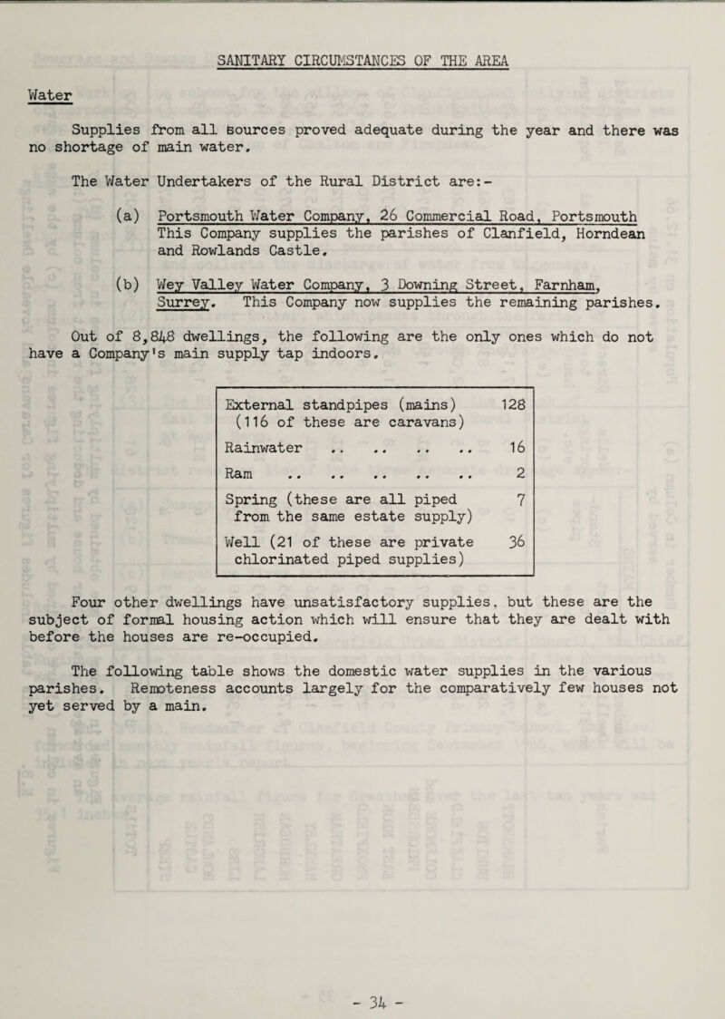 SANITARY CIRCUMSTANCES OF THE AREA Water Supplies from all (sources proved adequate during the year and there was no shortage of main water. The Water Undertakers of the Rural District are:- (a) Portsmouth Water Company, 26 Commercial Road, Portsmouth This Company supplies the parishes of Clanfield, Horndean and Rowlands Castle. (b) Wey Valley Water Company, 3 Downing Street, Farnham, Surrey. This Company now supplies the remaining parishes. Out of dwellings, the following are the only ones which do not have a Company's main supply tap indoors. External standpipes (mains) 128 (116 of these are caravans) Rainwater . 16 Ram . 2 Spring (these are all piped 7 from the same estate supply) Well (21 of these are private 36 chlorinated piped supplies) Four other dwellings have unsatisfactory supplies, but these are the subject of formal housing action which will ensure that they are dealt with before the houses are re-occupied. The following table shows the domestic water supplies in the various parishes. Remoteness accounts largely for the comparatively few houses not yet served by a main.
