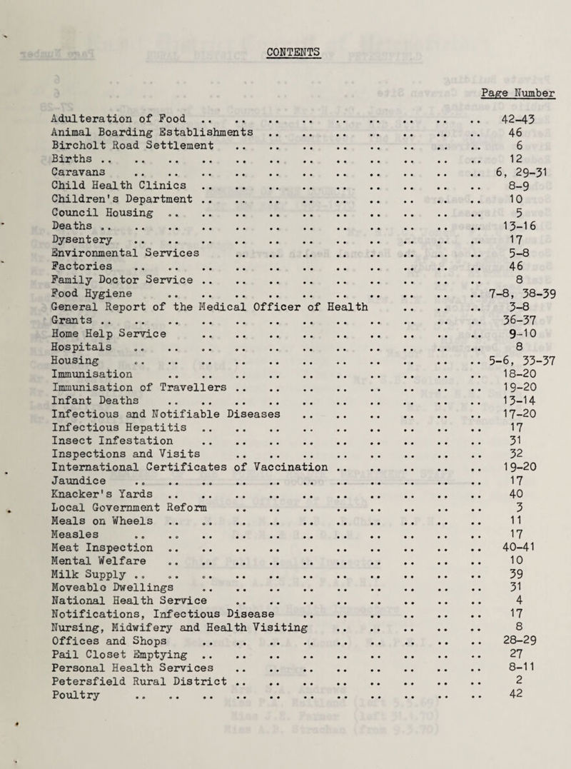 CONTENTS Page Number Adulteration of Food. 42-43 Animal Boarding Establishments . 46 Bircholt Road Settlement . 6 Births .. .. 12 Caravans .6, 29-31 Child Health Clinics. 8-9 Children's Department . 10 Council Housing .. 5 Deaths .. 13-16 Dysentery . 17 Environmental Services . 5-8 Factories .. 46 Family Doctor Service . 8 Food Hygiene ..7-8, 38-39 General Report of the Medical Officer of Health . 3-8 Grants. 36-37 Home Help Service .. .. 9-10 Hospitals .. 8 Housing c. .. ..5-6, 33-37 Immunisation .. . 18-20 Immunisation of Travellers . 19-20 Infant Deaths . 13-14 Infectious and Notifiable Diseases . 17-20 Infectious Hepatitis . 17 Insect Infestation . 31 Inspections and Visits . 32 International Certificates of Vaccination . 19-20 Jaundice . „ .. .. 17 Knacker's Yards . 40 Local Government Reform .. . 3 Meals on Wheels .. .. 11 Measles „. .. 17 Meat Inspection .. 40-41 Mental Welfare .. 10 Milk Supply .. .. 39 Moveable Dwellings .. 31 National Health Service . 4 Notifications, Infectious Disease . 17 Nursing, Midwifery and Health Visiting . 8 Offices and Shops . 28-29 Pail Closet Emptying. 27 Personal Health Services . 8-11 Petersfield Rural District . 2 Poultry .. 42